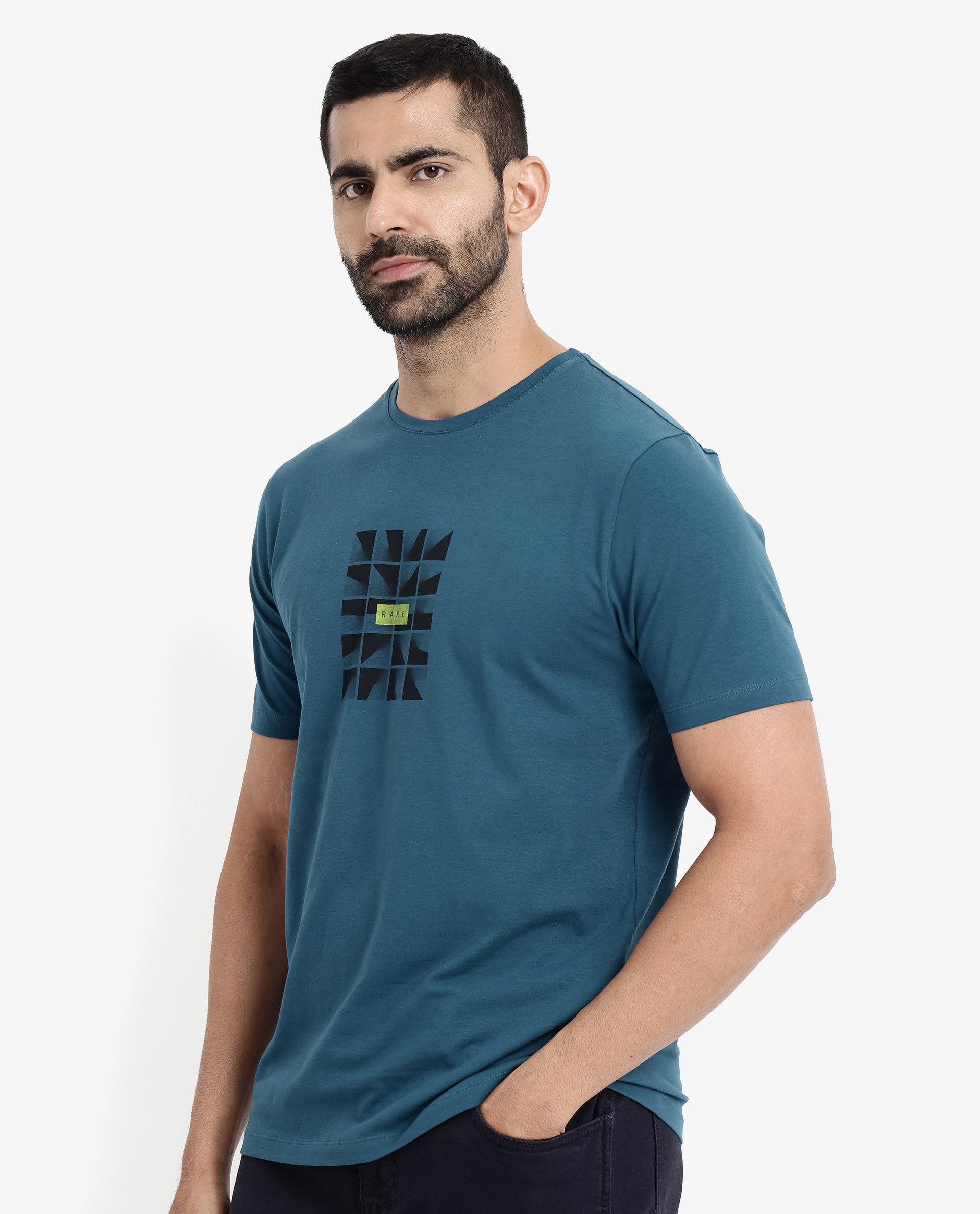 Rare Rabbit Men Pran Turq Cotton Fabric Short Sleeve Crew Neck Regular Fit Graphic Print T-Shirt