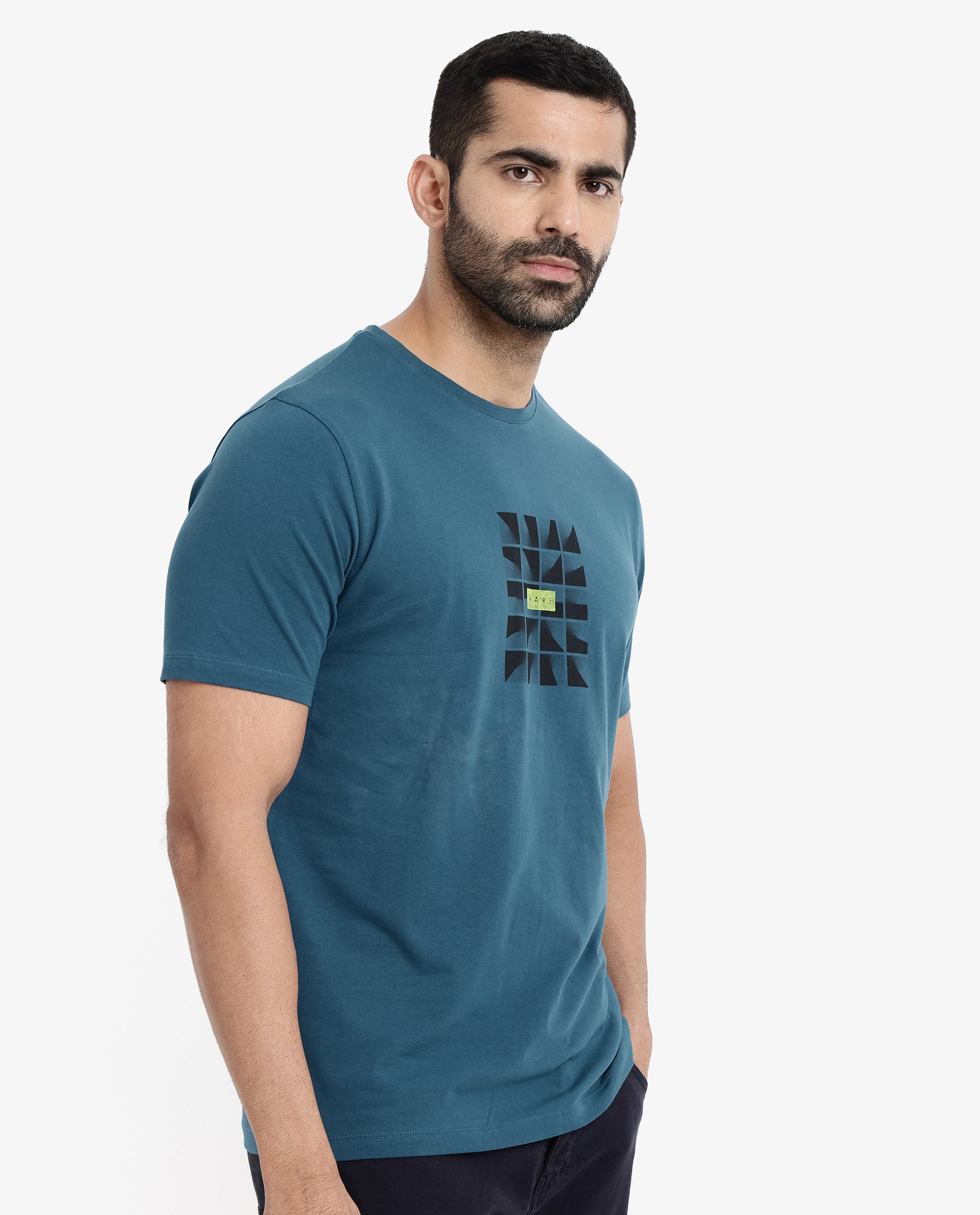 Rare Rabbit Men Pran Turq Cotton Fabric Short Sleeve Crew Neck Regular Fit Graphic Print T-Shirt
