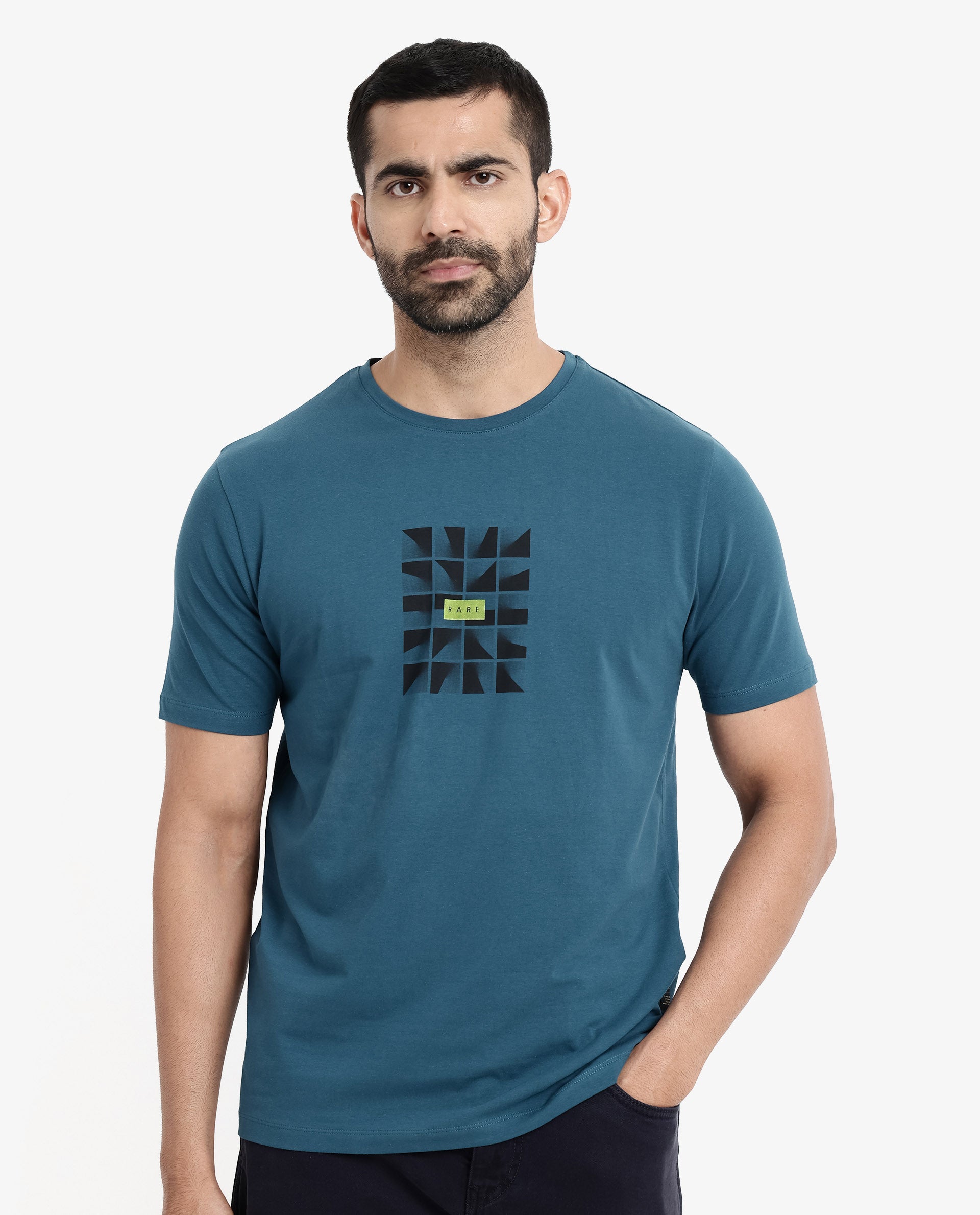 Rare Rabbit Men Pran Turq Cotton Fabric Short Sleeve Crew Neck Regular Fit Graphic Print T-Shirt