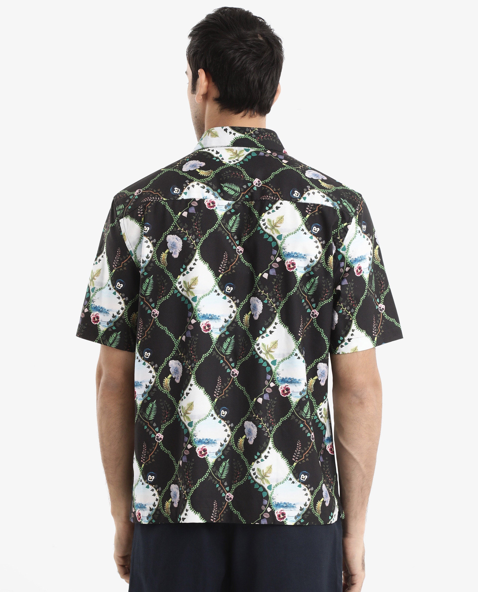 Rare Rabbit Men's Pran Black Viscose Fabric Short Sleeve Regular Fit Botanical Print Shirt
