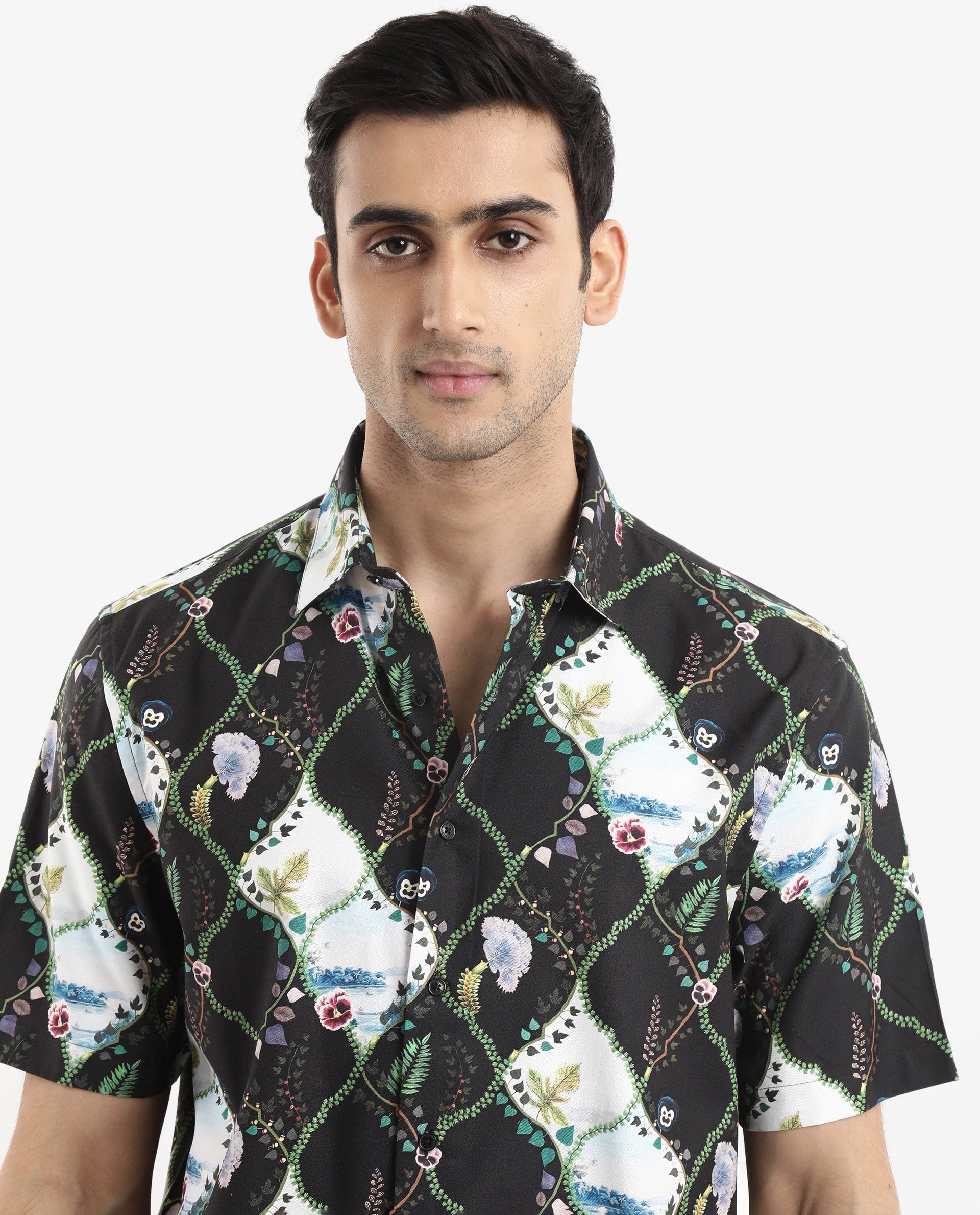 Rare Rabbit Men's Pran Black Viscose Fabric Short Sleeve Regular Fit Botanical Print Shirt