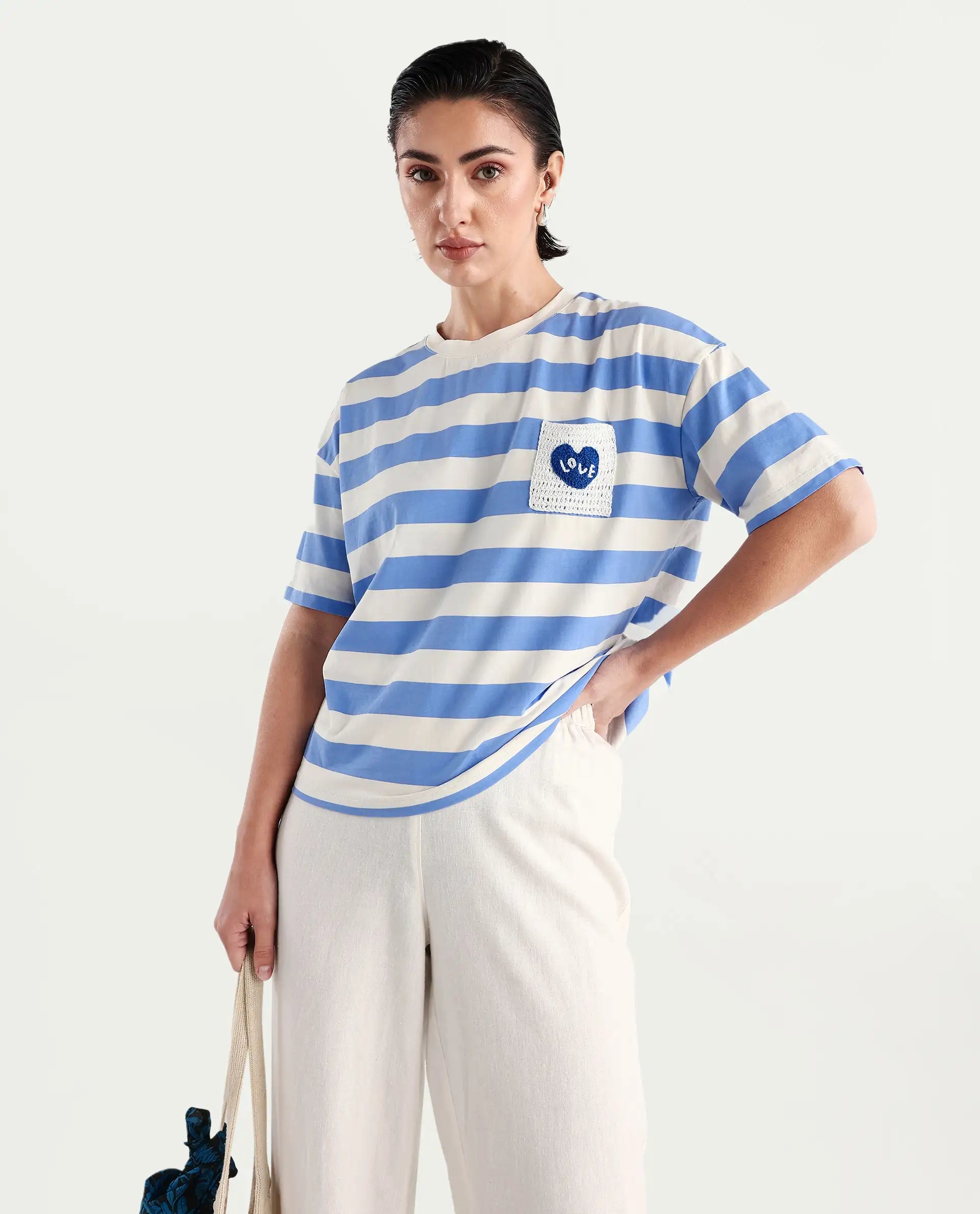 Rareism Women's Prandant Blue Cotton Blend Crew Neck Striped Boxy Fit T-Shirt