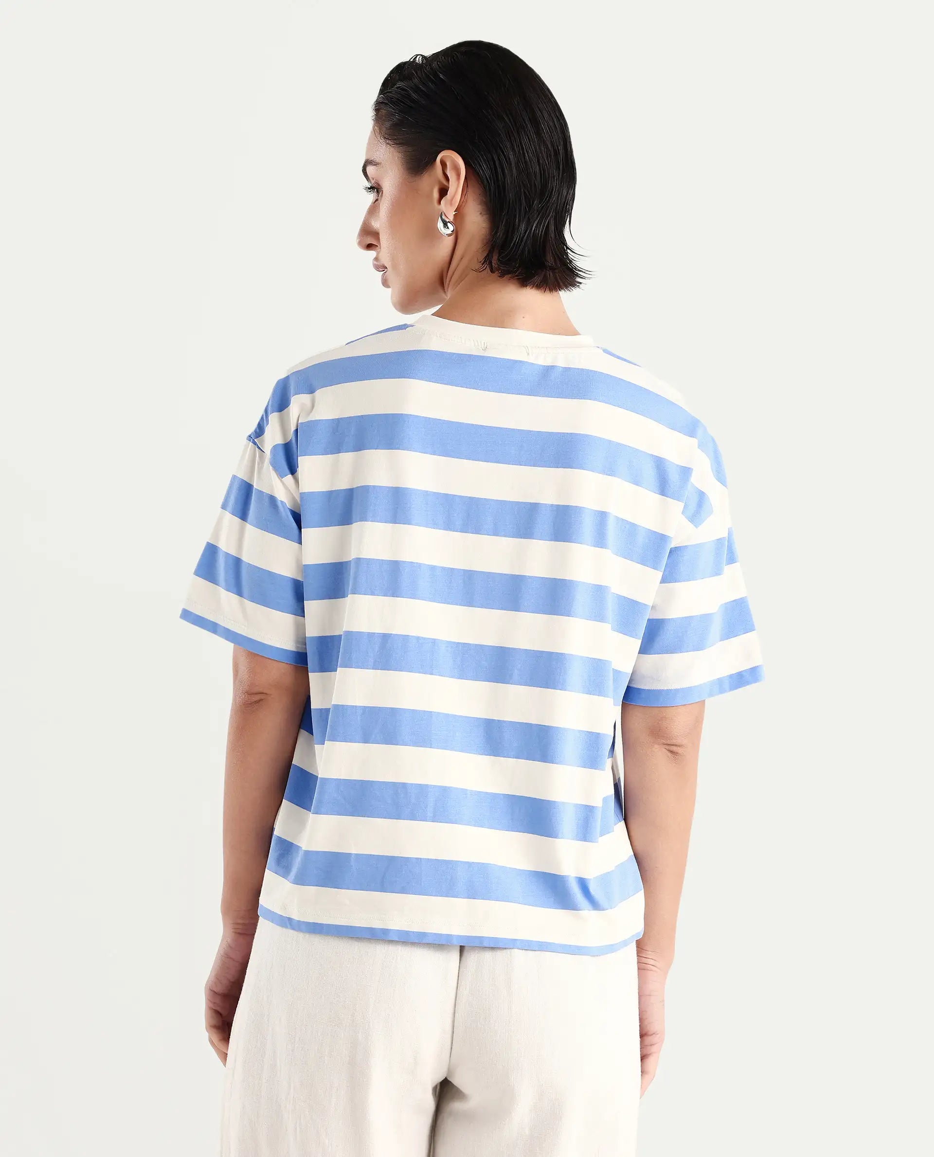 Rareism Women's Prandant Blue Cotton Blend Crew Neck Striped Boxy Fit T-Shirt