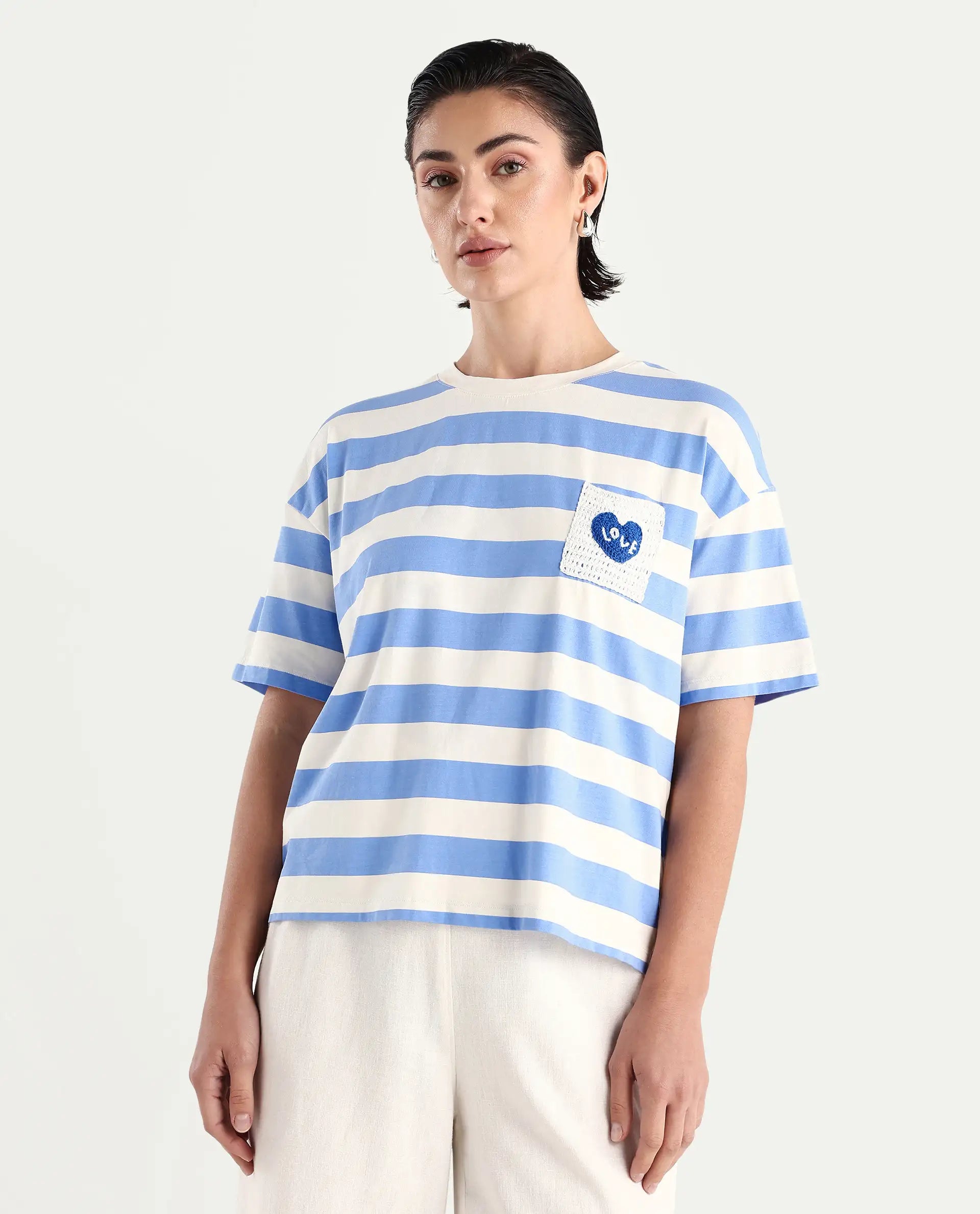 Rareism Women's Prandant Blue Cotton Blend Crew Neck Striped Boxy Fit T-Shirt