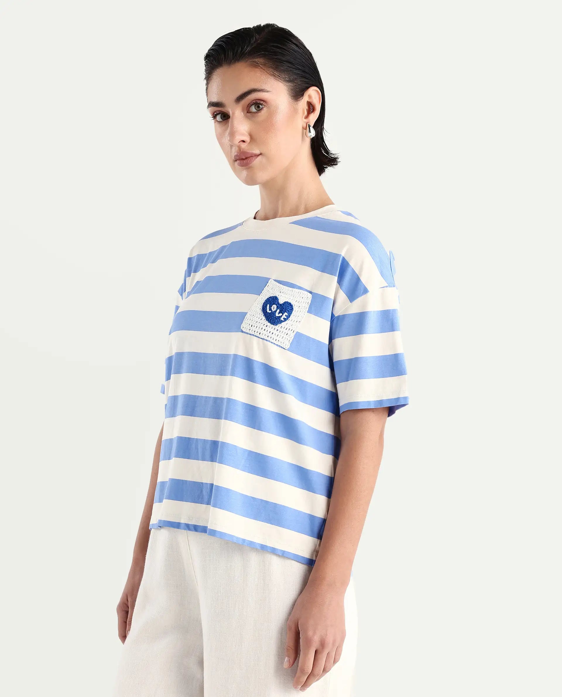 Rareism Women's Prandant Blue Cotton Blend Crew Neck Striped Boxy Fit T-Shirt