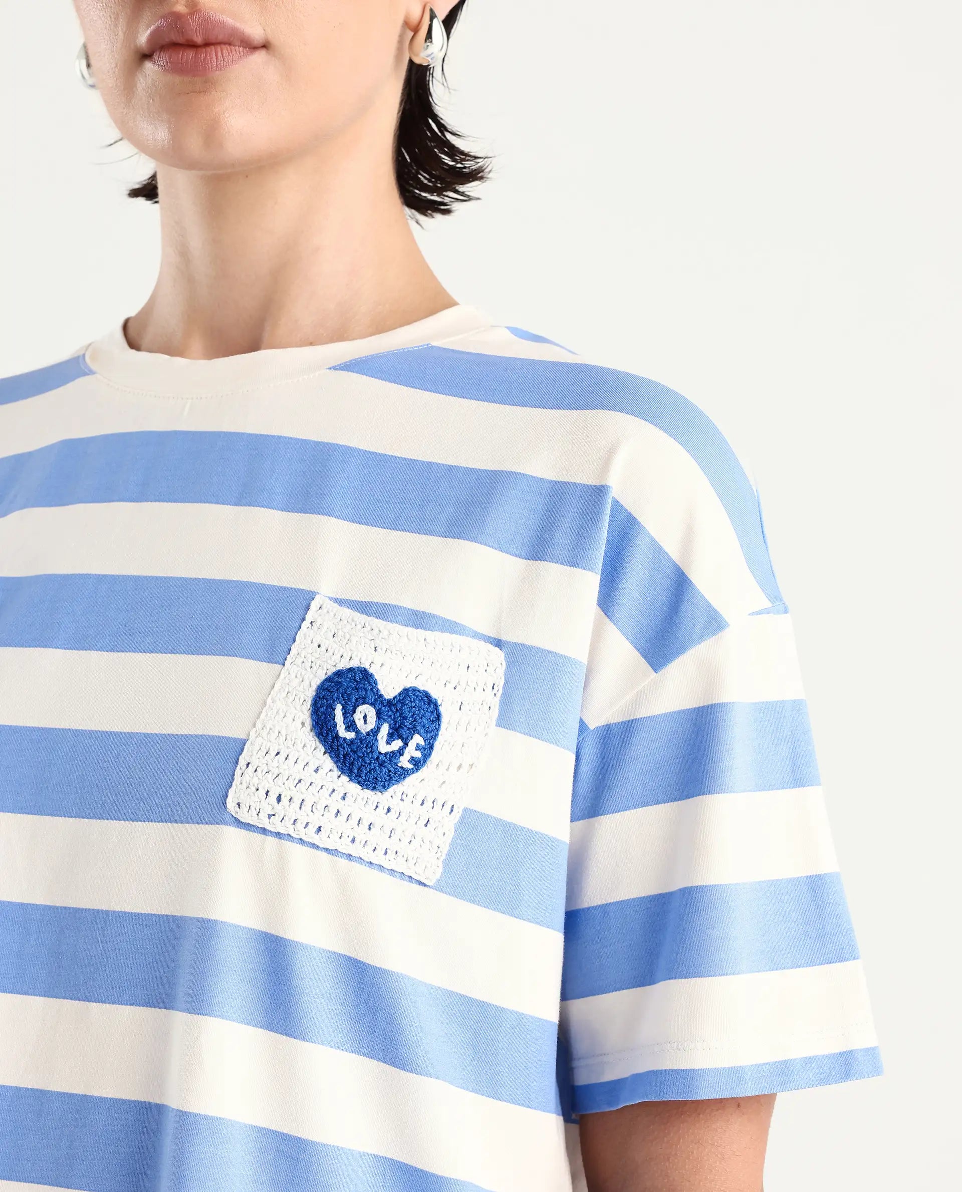 Rareism Women's Prandant Blue Cotton Blend Crew Neck Striped Boxy Fit T-Shirt