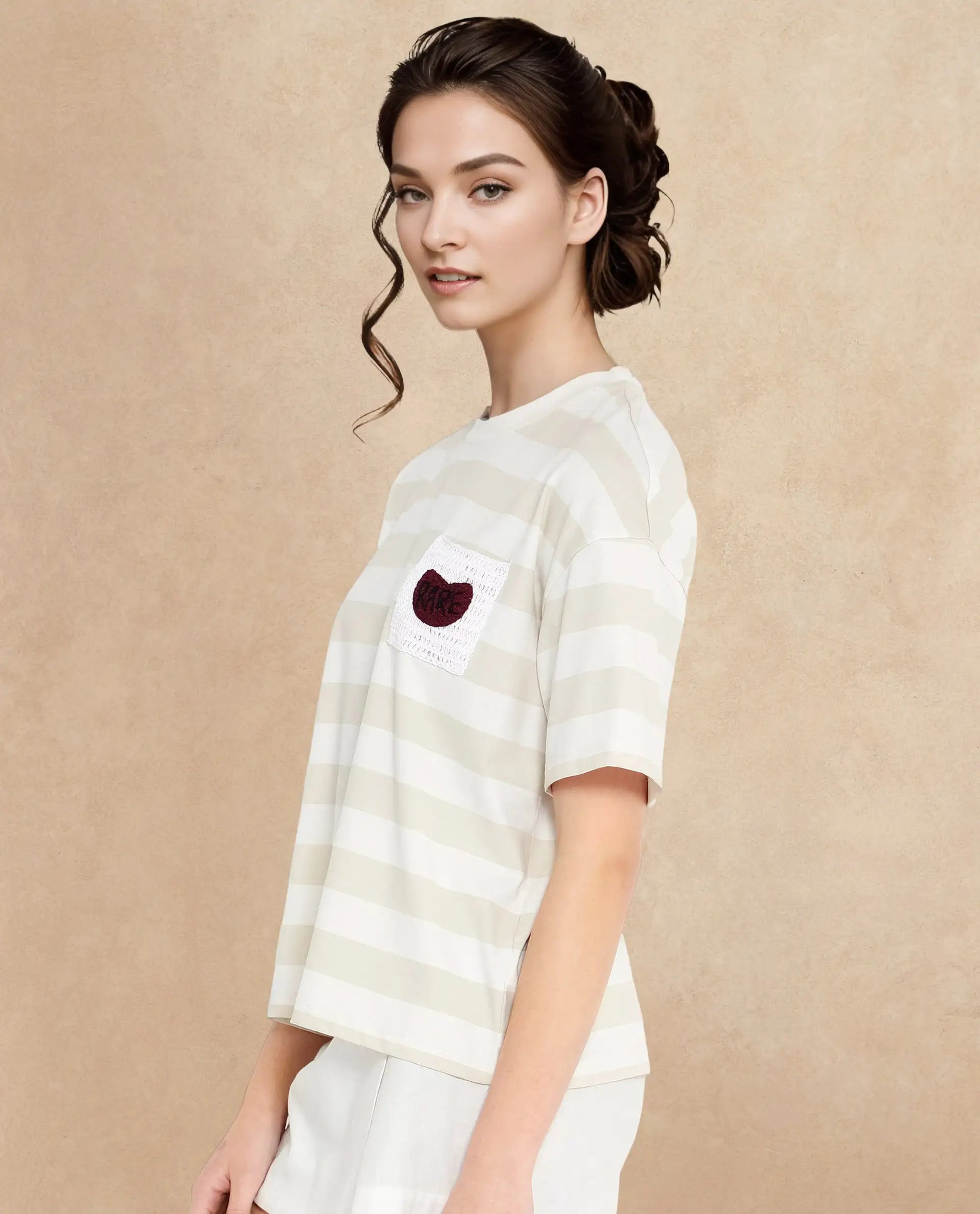 Rareism Women's Prandant Off White Cotton Blend Crew Neck Striped Boxy Fit T-Shirt