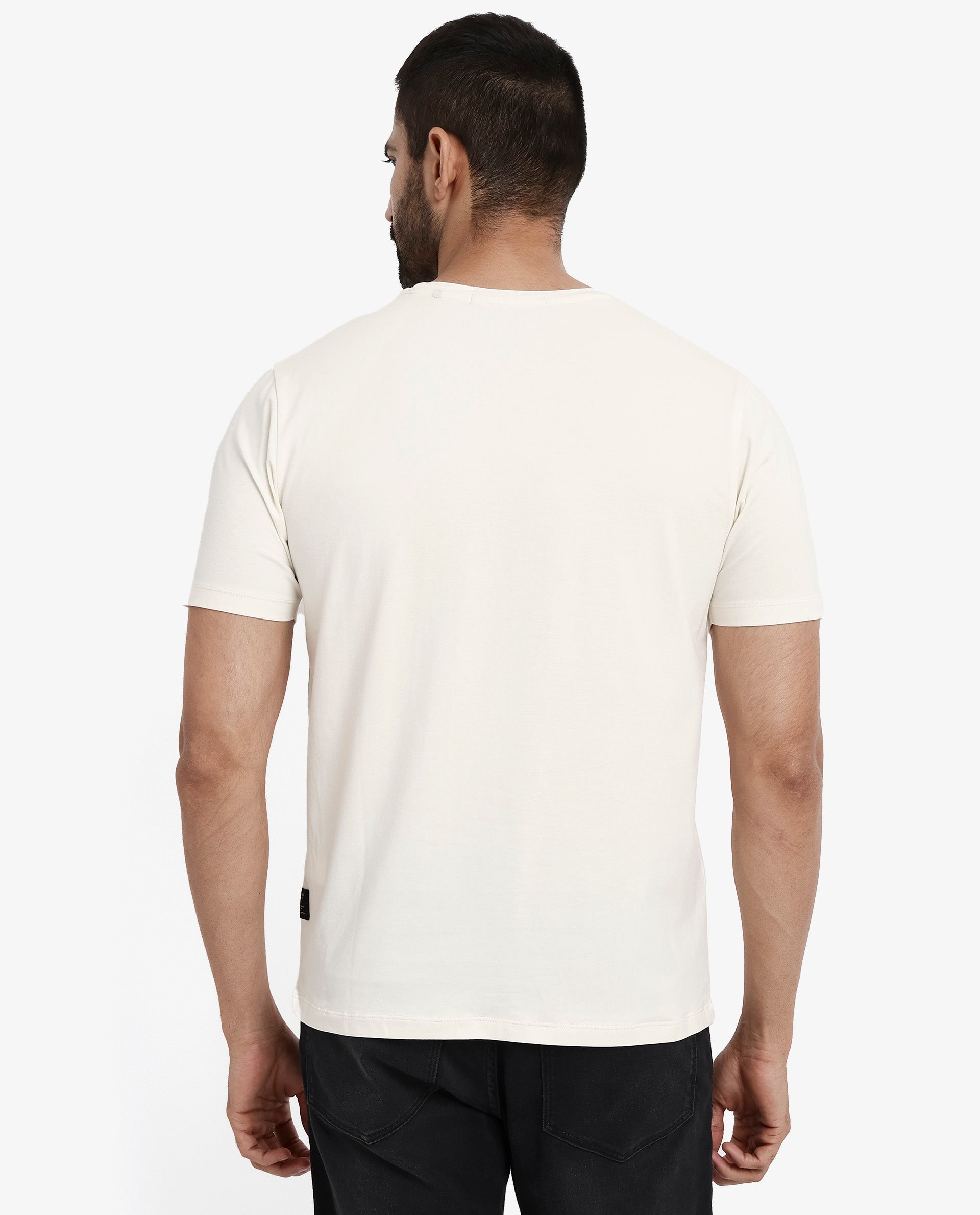 Rare Rabbit Men Pran Off White Cotton Fabric Short Sleeve Crew Neck Regular Fit Graphic Print T-Shirt