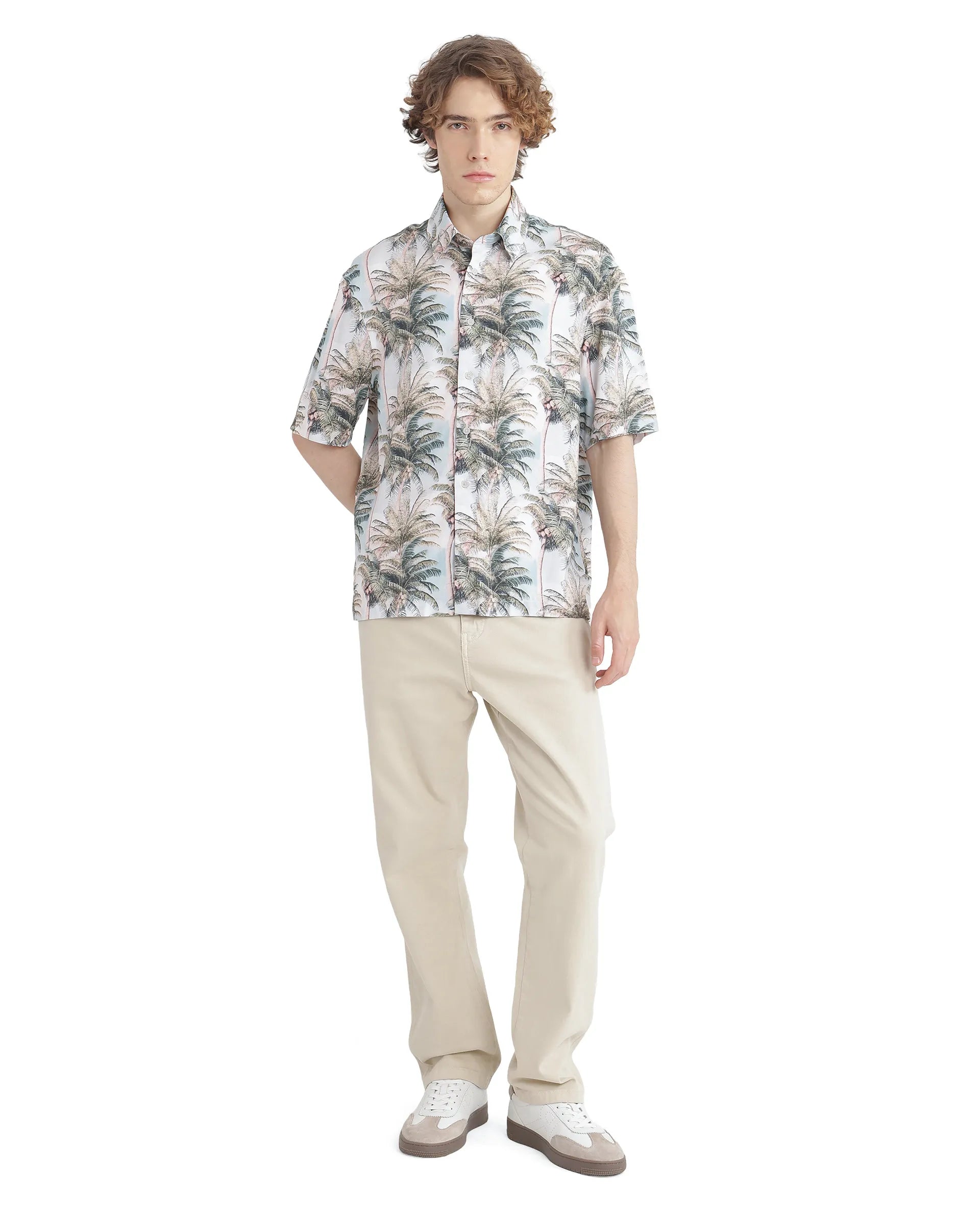 Rare Rabbit Men's Pratts Offwhite Cotton Fabric Regular Fit Short Sleeve Botanical Print Shirt