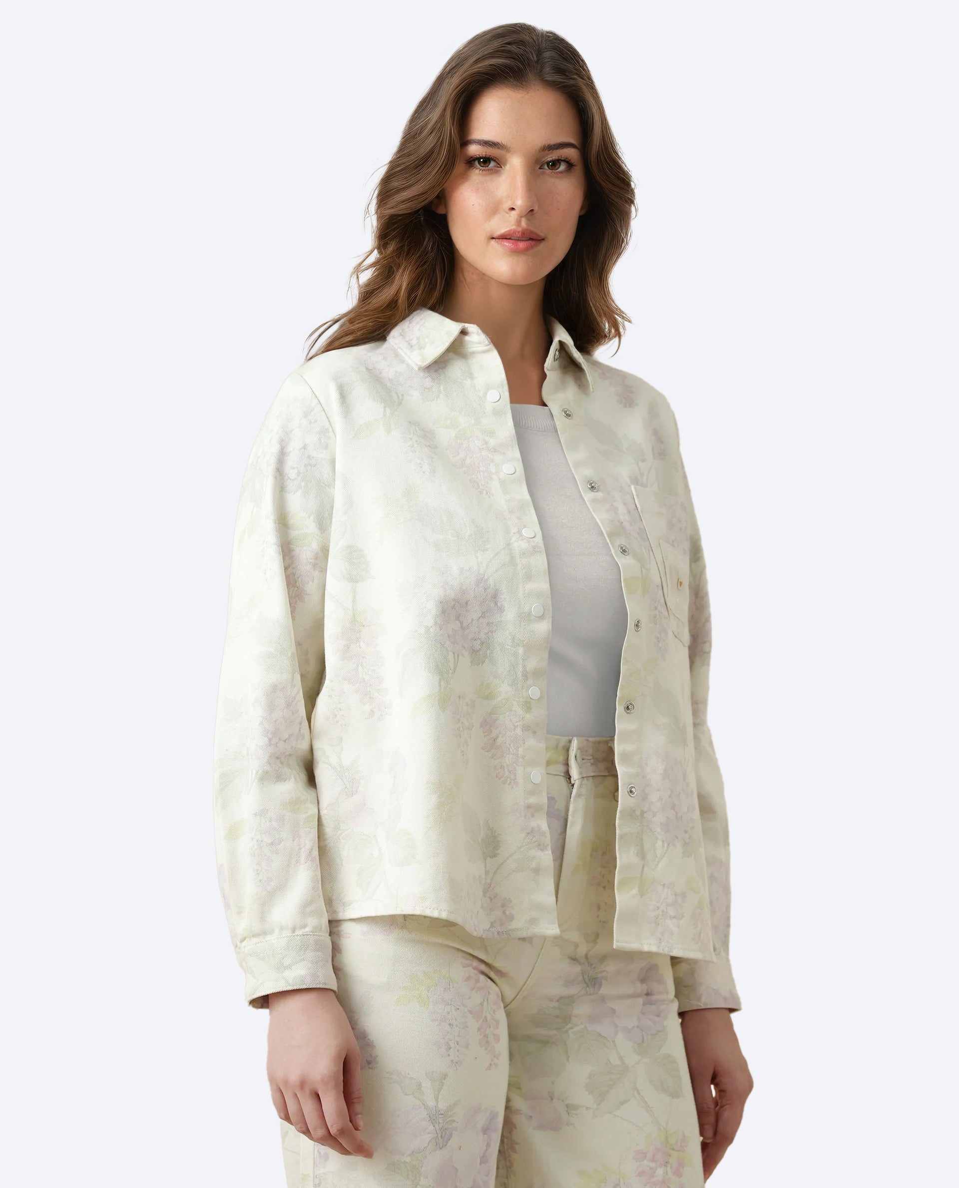 Rareism Women's Prebin-T Multi Cotton Spread Collar Floral Print Cuffed Sleeve Boxy Fit Shirt