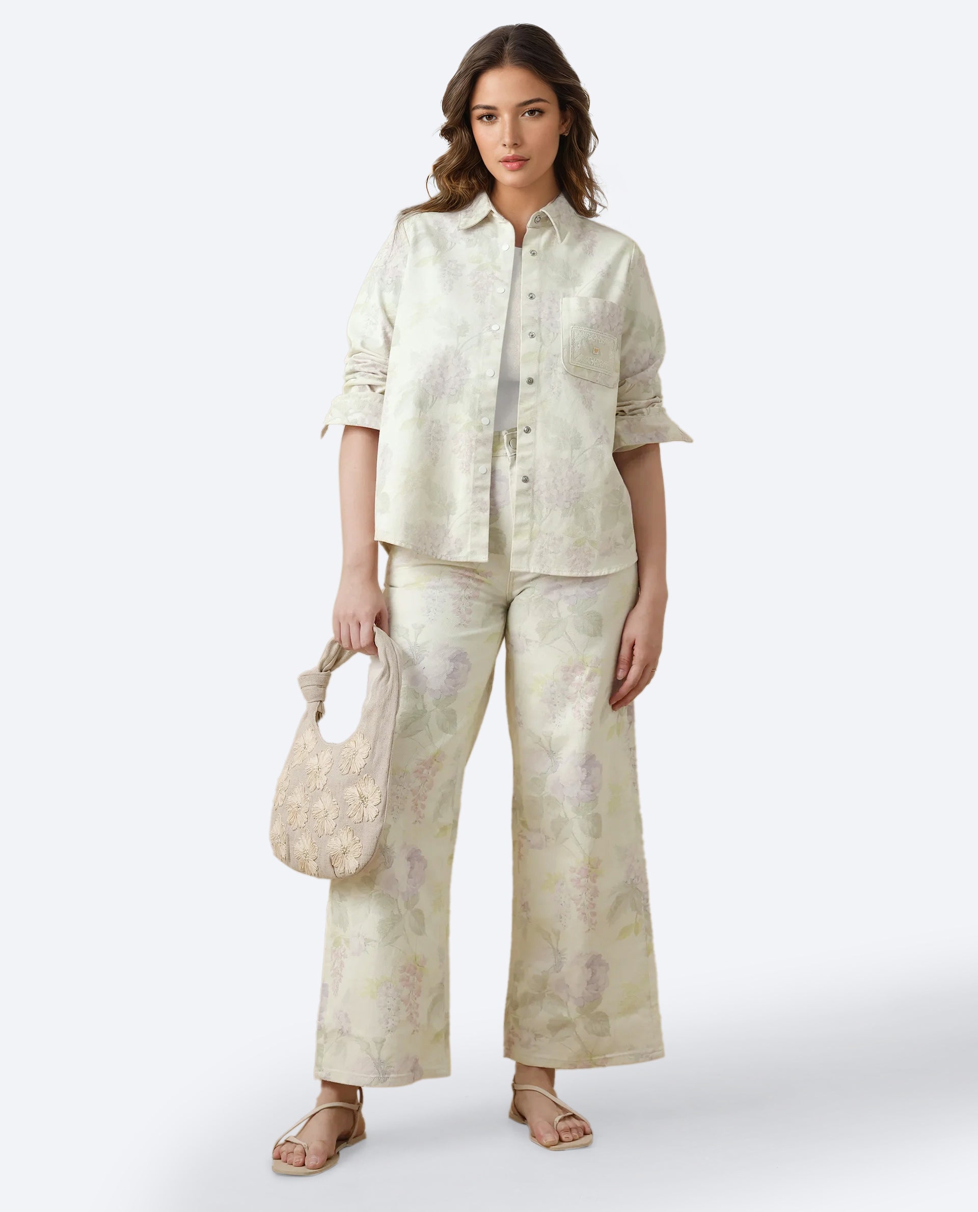 Rareism Women's Prebin-T Multi Cotton Spread Collar Floral Print Cuffed Sleeve Boxy Fit Shirt