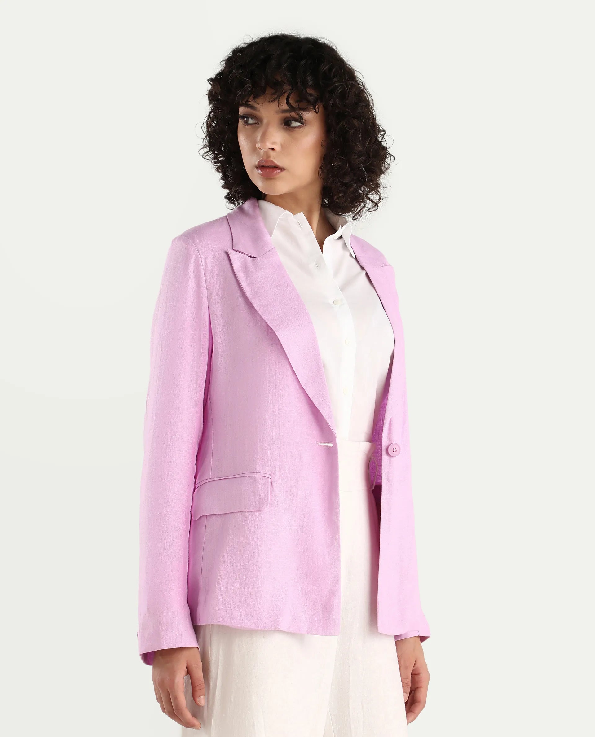 Rareism Women's Precy Pink Linen Lapel Neck Plain Regular Fit Blazer