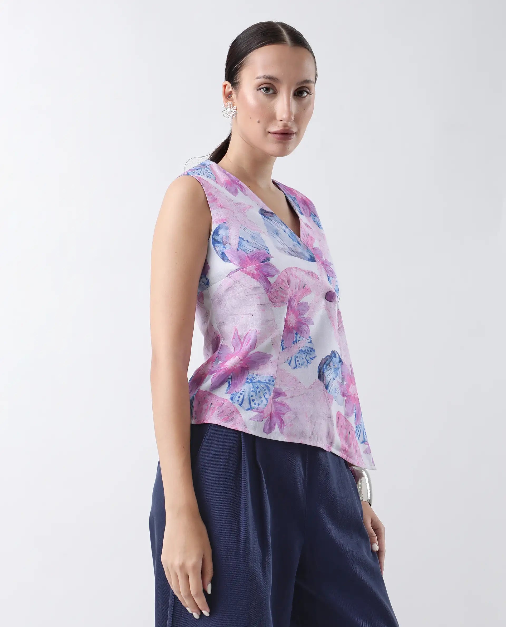 Rareism Women's Predin-T Multi Polyester Overlap Neck Abstract Print Sleeveless Regular Fit Top