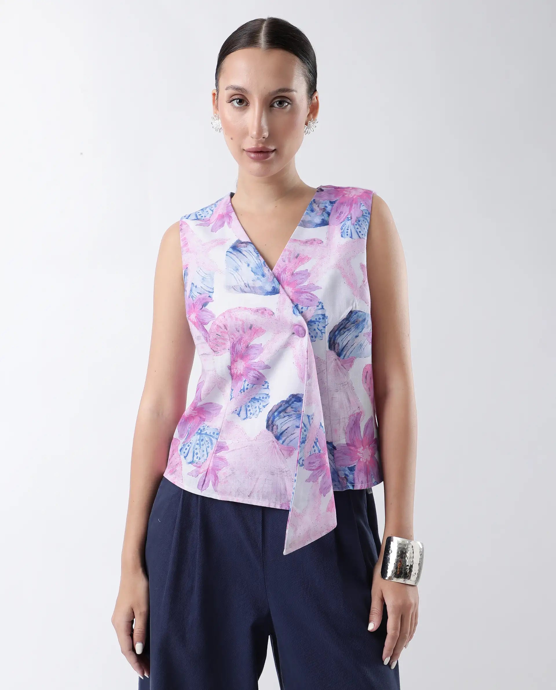 Rareism Women's Predin-T Multi Polyester Overlap Neck Abstract Print Sleeveless Regular Fit Top