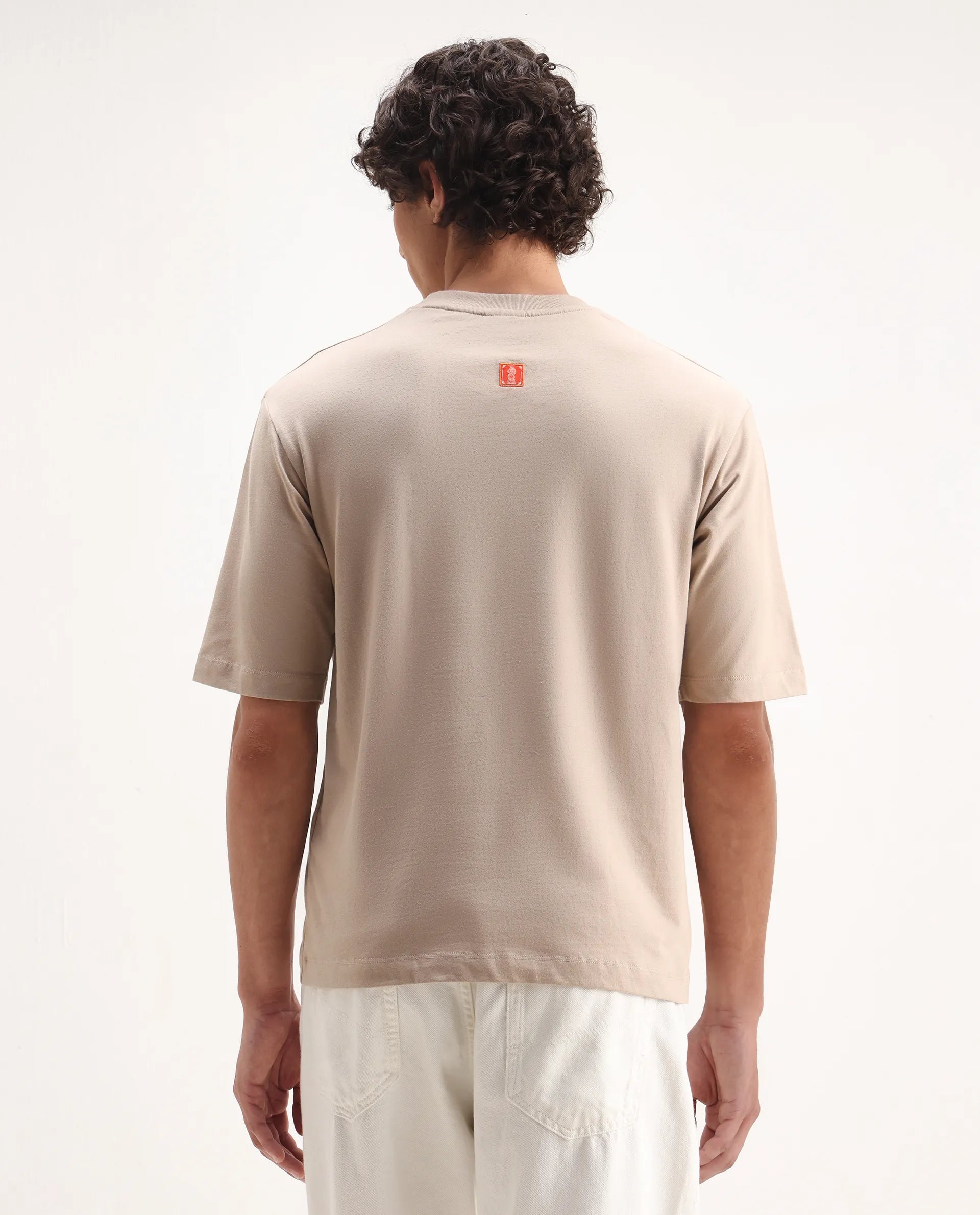 Rare Rabbit Men's Pree Beige Cotton Embroidered Regular Fit Half Sleeve Crew Neck T-Shirt