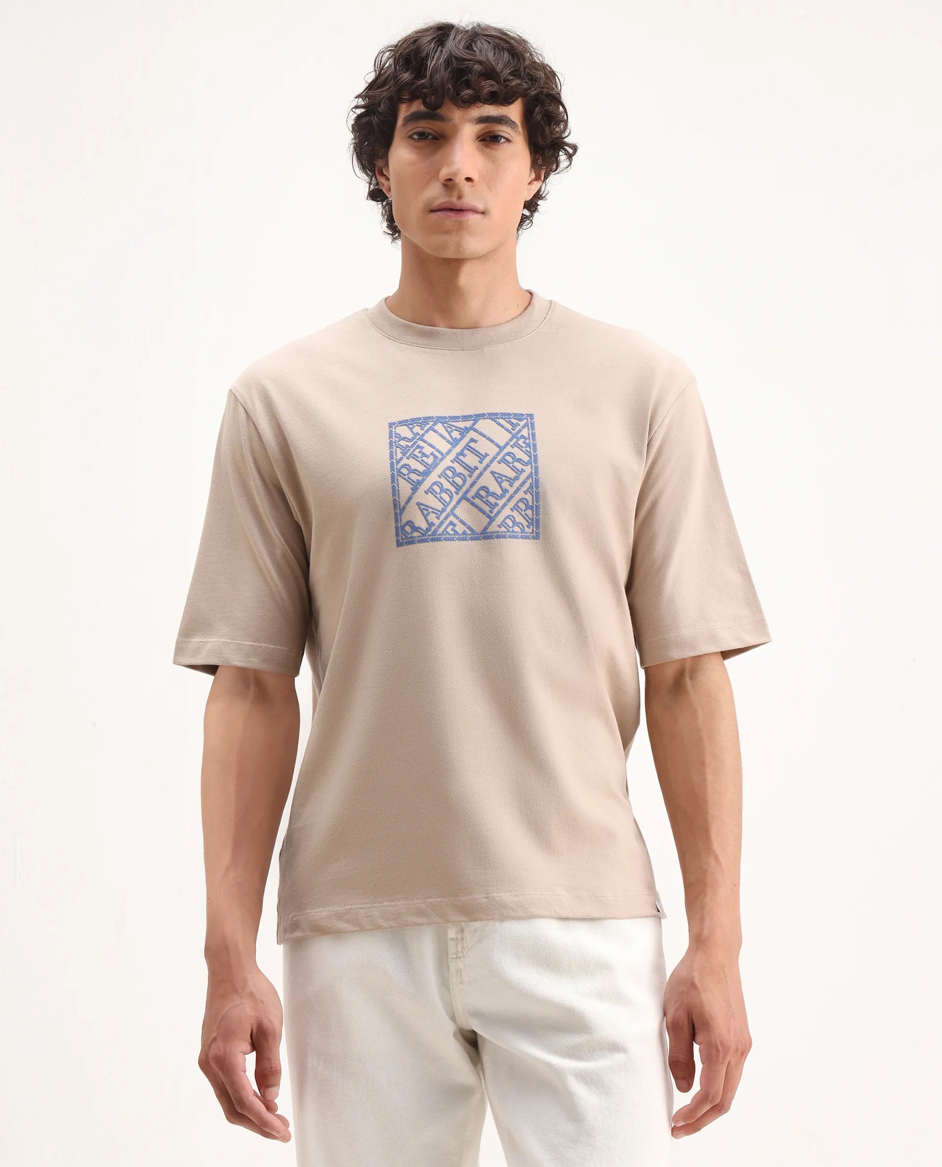 Rare Rabbit Men's Pree Beige Cotton Embroidered Regular Fit Half Sleeve Crew Neck T-Shirt