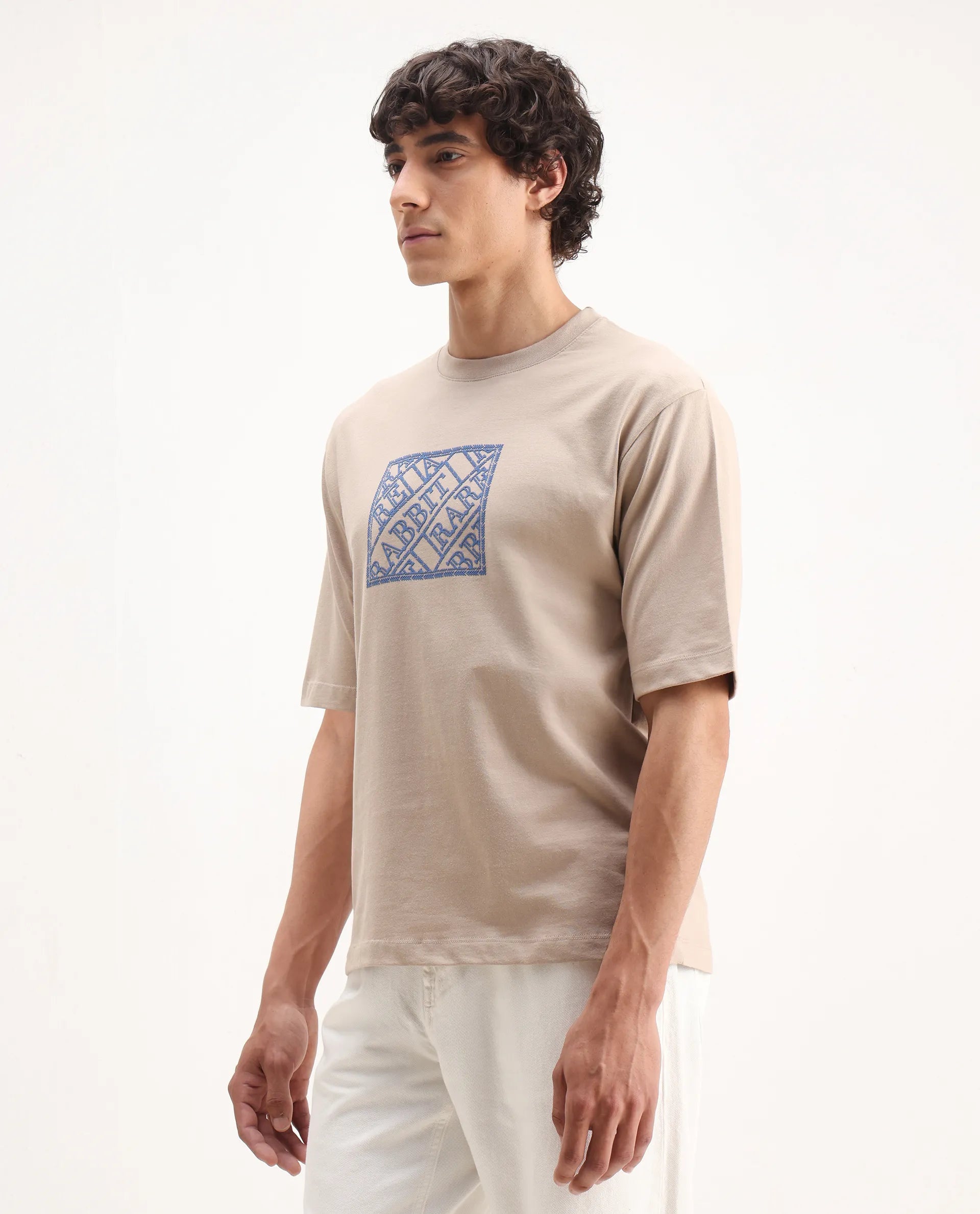 Rare Rabbit Men's Pree Beige Cotton Embroidered Regular Fit Half Sleeve Crew Neck T-Shirt