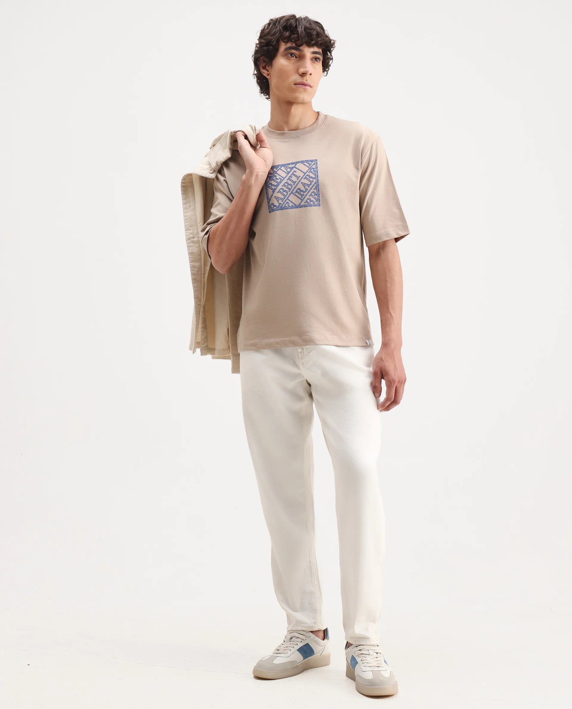 Rare Rabbit Men's Pree Beige Cotton Embroidered Regular Fit Half Sleeve Crew Neck T-Shirt