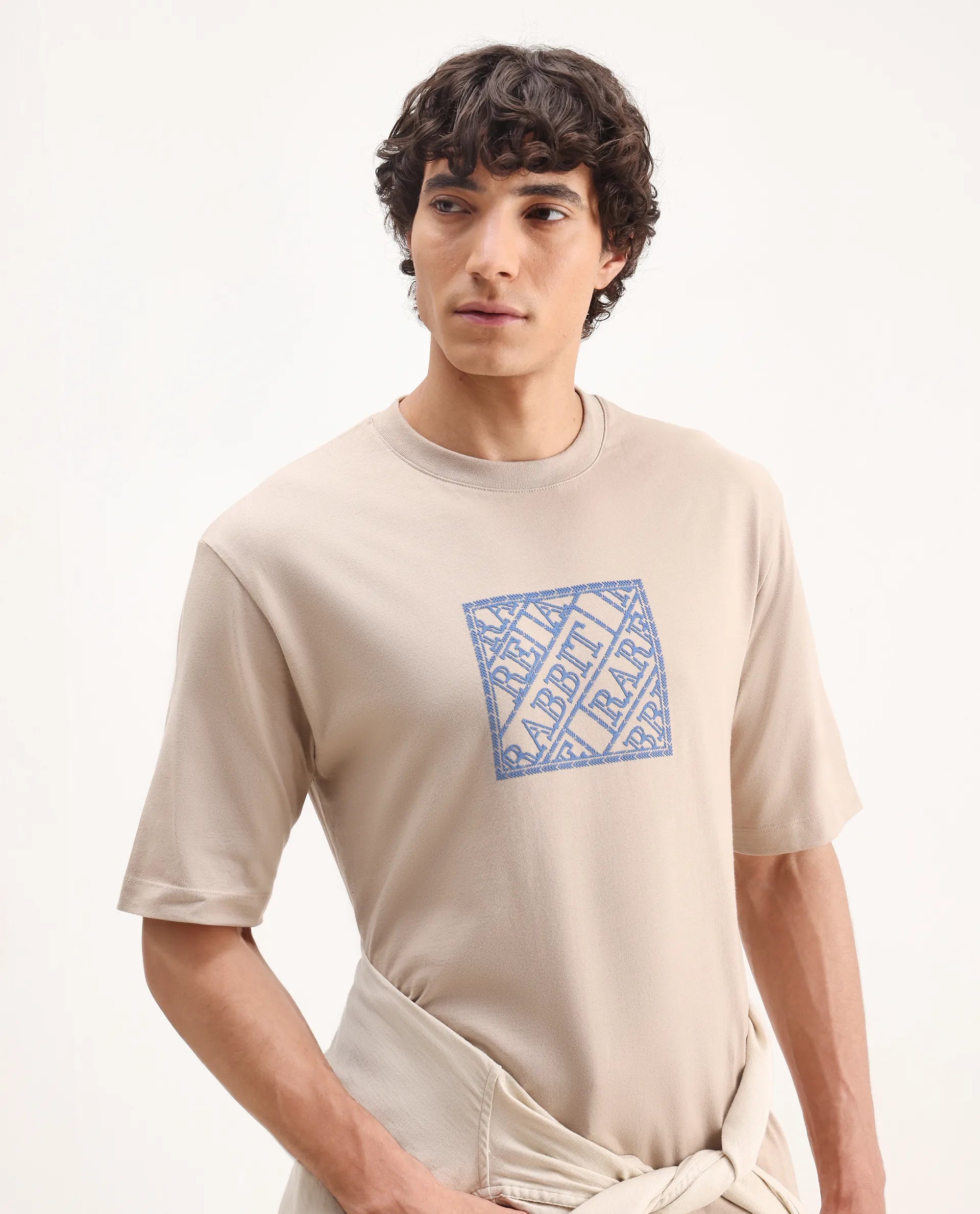 Rare Rabbit Men's Pree Beige Cotton Embroidered Regular Fit Half Sleeve Crew Neck T-Shirt
