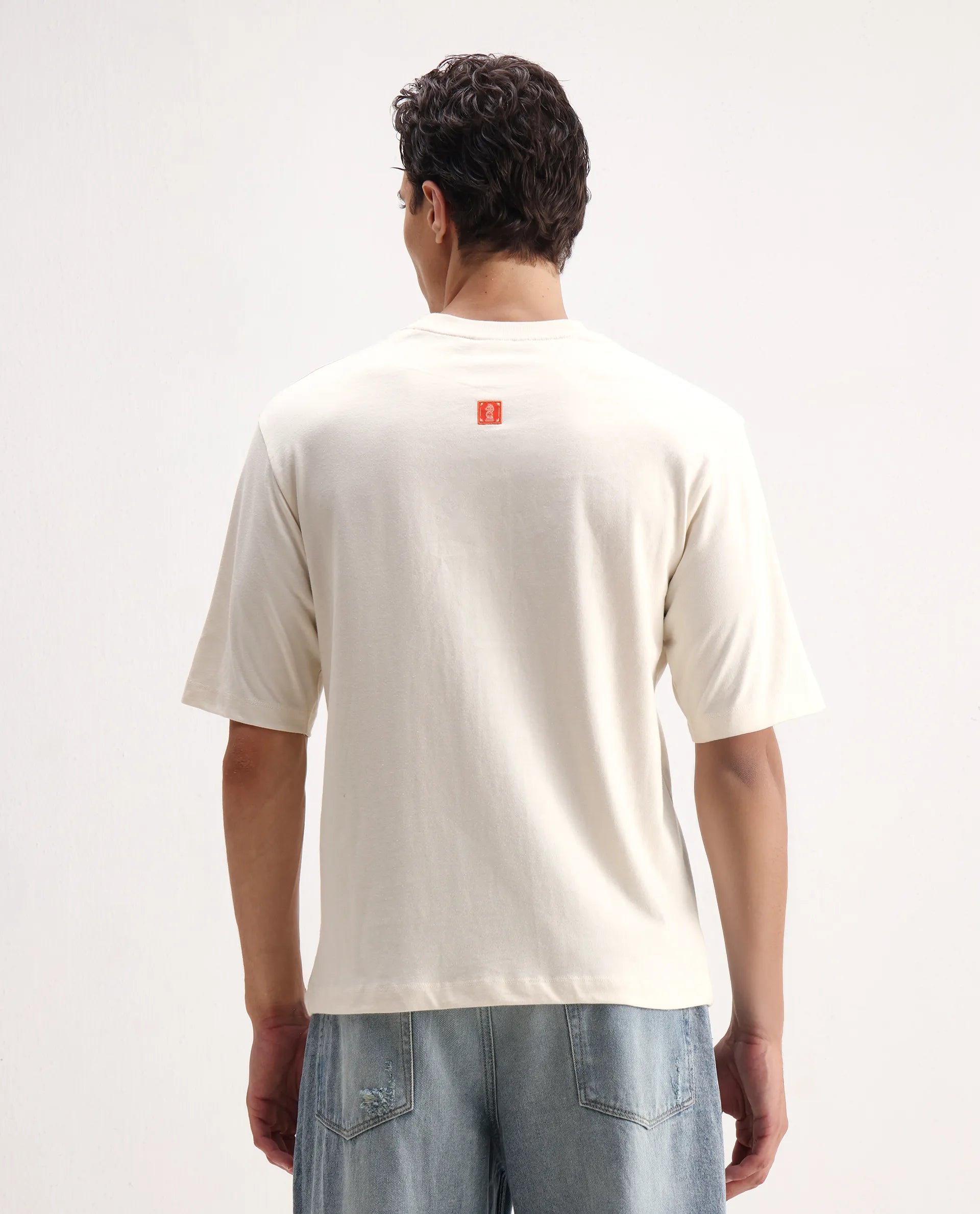 Rare Rabbit Men's Pree Off-White Cotton Embroidered Regular Fit Half Sleeve Crew Neck T-Shirt