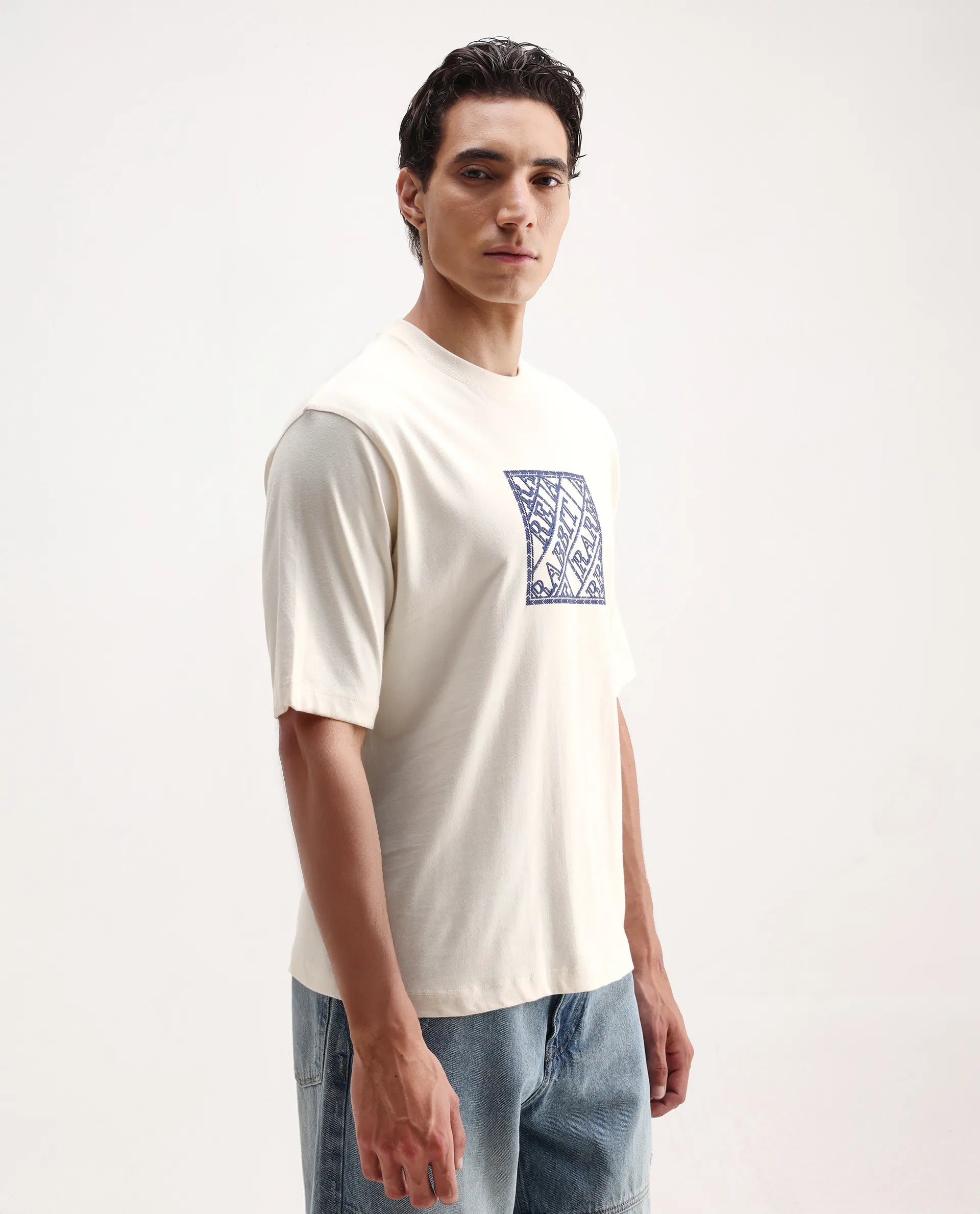 Rare Rabbit Men's Pree Off-White Cotton Embroidered Regular Fit Half Sleeve Crew Neck T-Shirt