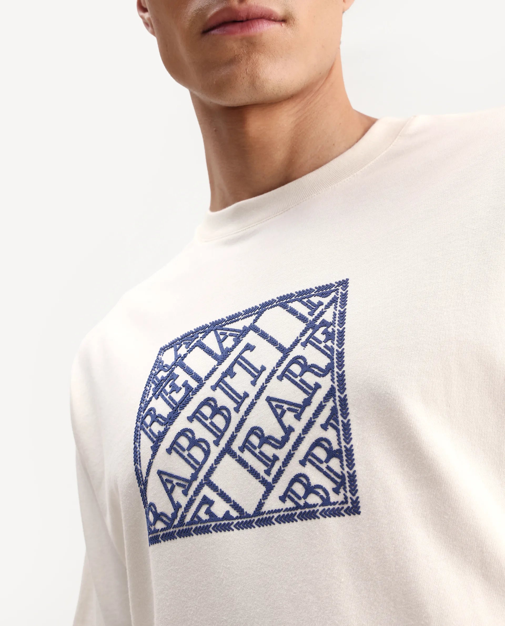 Rare Rabbit Men's Pree Off-White Cotton Embroidered Regular Fit Half Sleeve Crew Neck T-Shirt