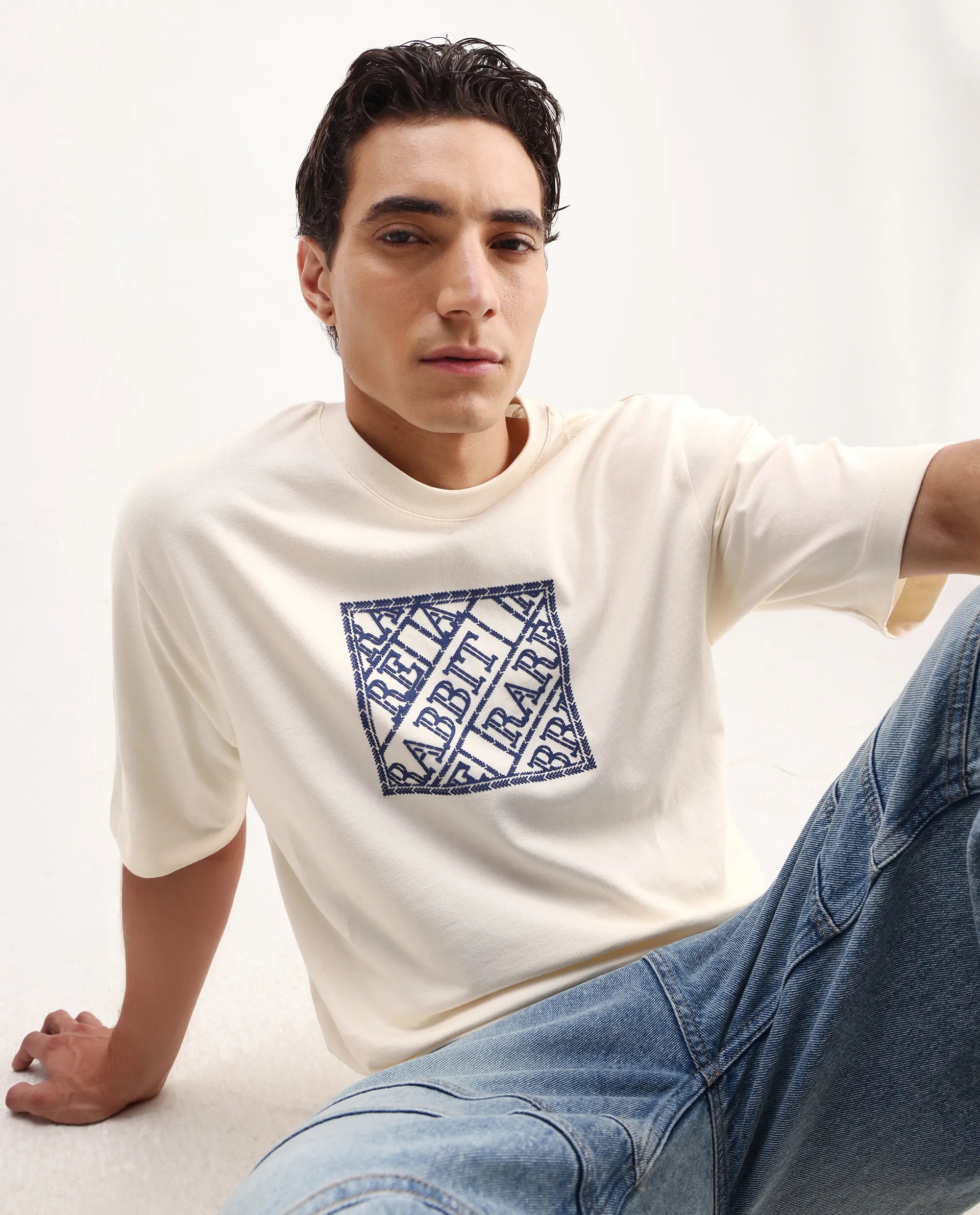 Rare Rabbit Men's Pree Off-White Cotton Embroidered Regular Fit Half Sleeve Crew Neck T-Shirt