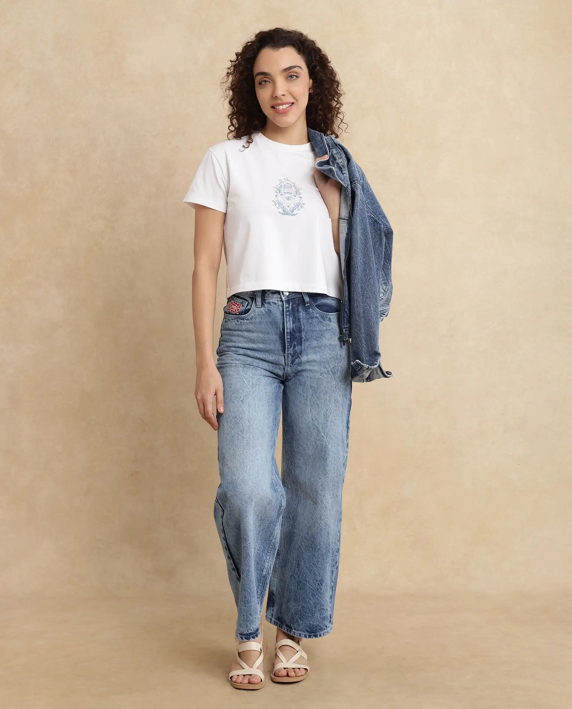 Rareism Women Pref Blue Cotton Fabric Relaxed Fit Plain Jeans