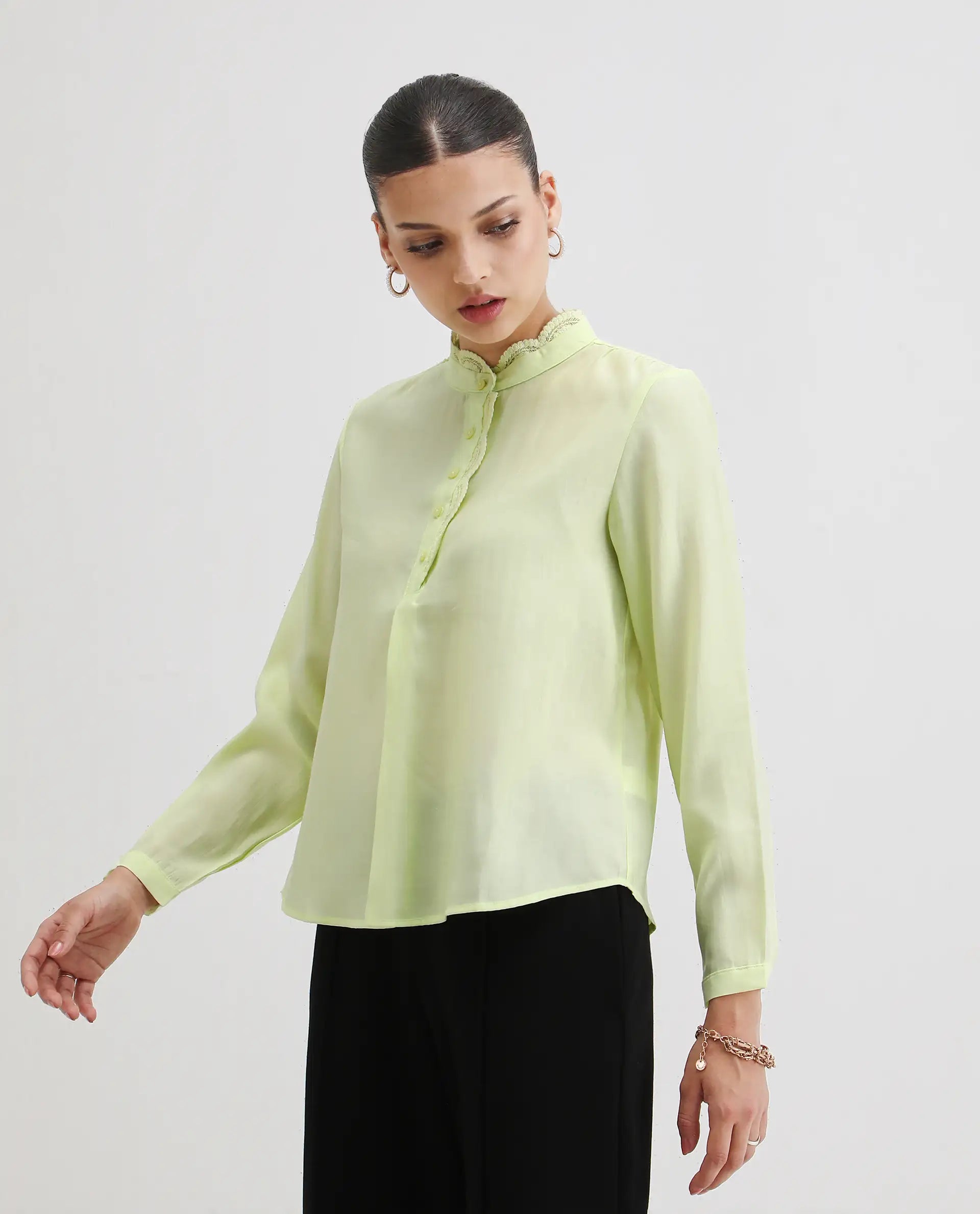 Rareism Women's Prefeck Green Viscose Blend Mandarin Collar Plain Cuffed Sleeve Regular Fit Top