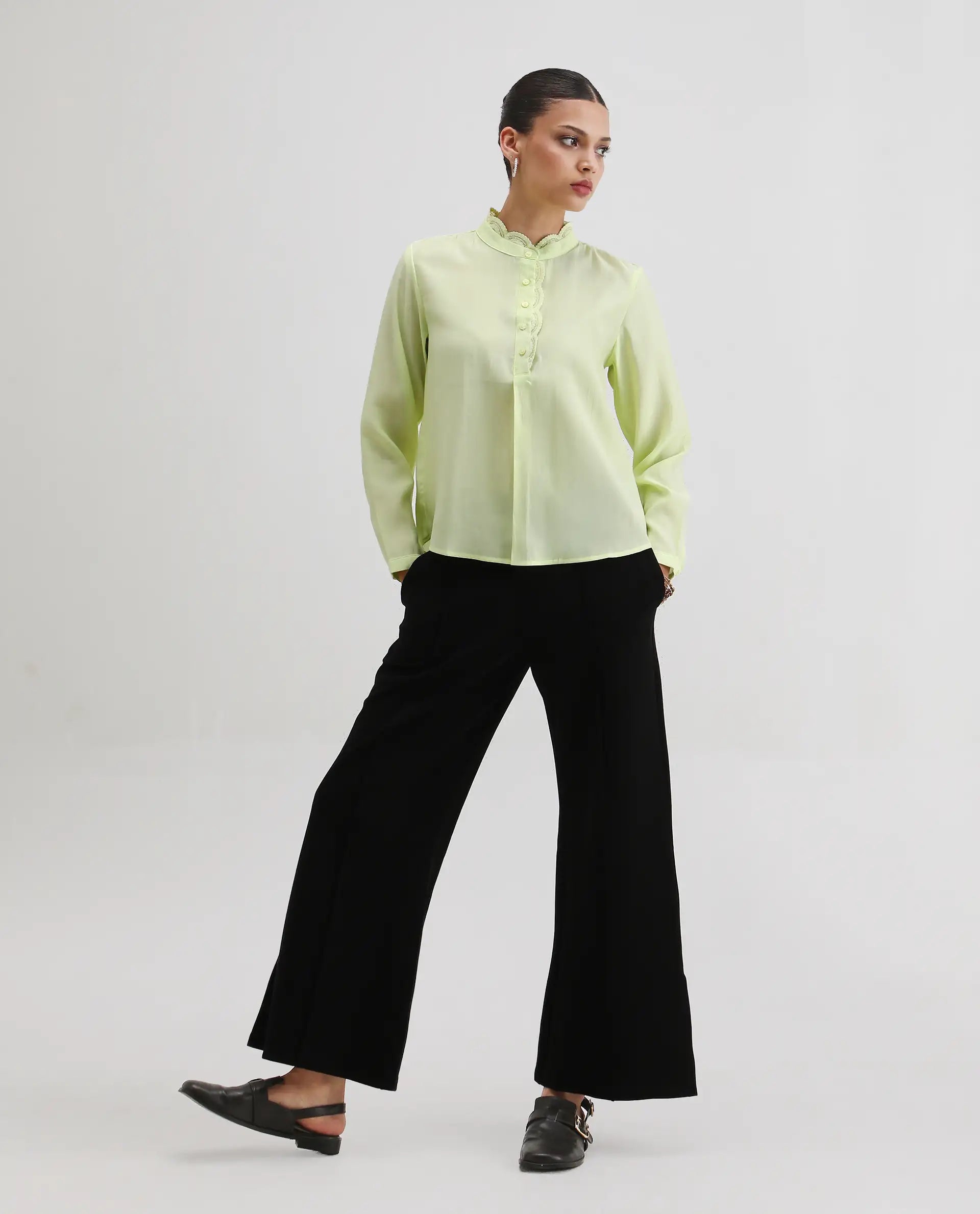 Rareism Women's Prefeck Green Viscose Blend Mandarin Collar Plain Cuffed Sleeve Regular Fit Top