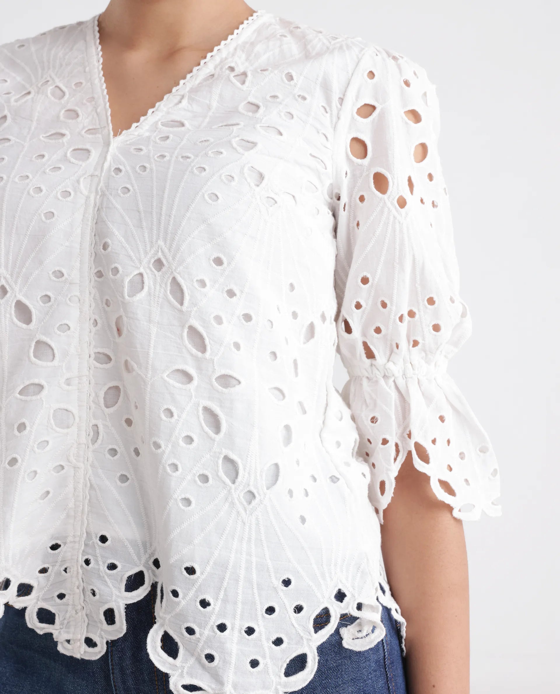 Rareism Women's Prefern White Cotton V-Neck Plain Puff Sleeves Regular Fit Top