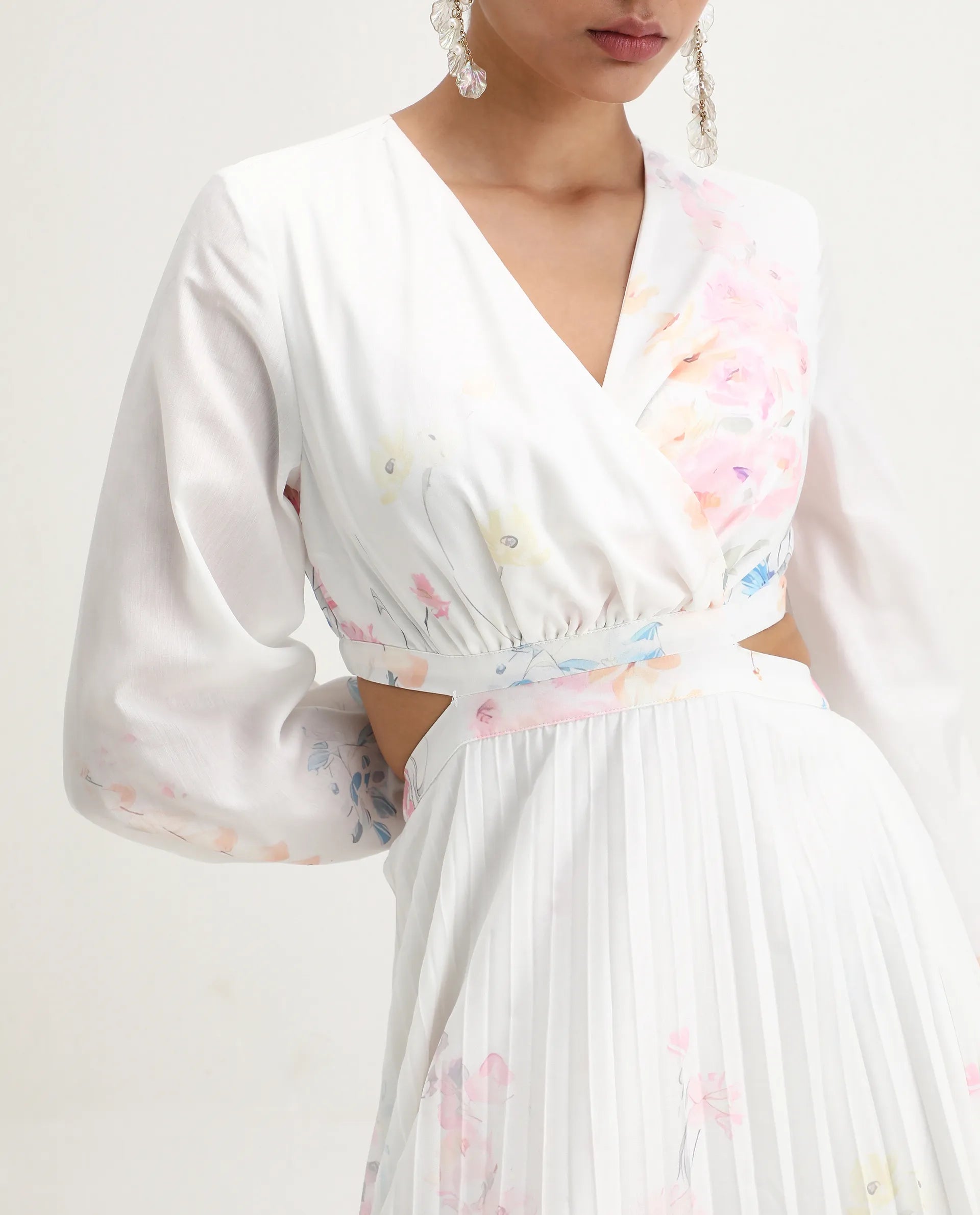 Rareism Women's Preger Multi Polyester V-Neck Floral Print Midi Fit And Flare Dress