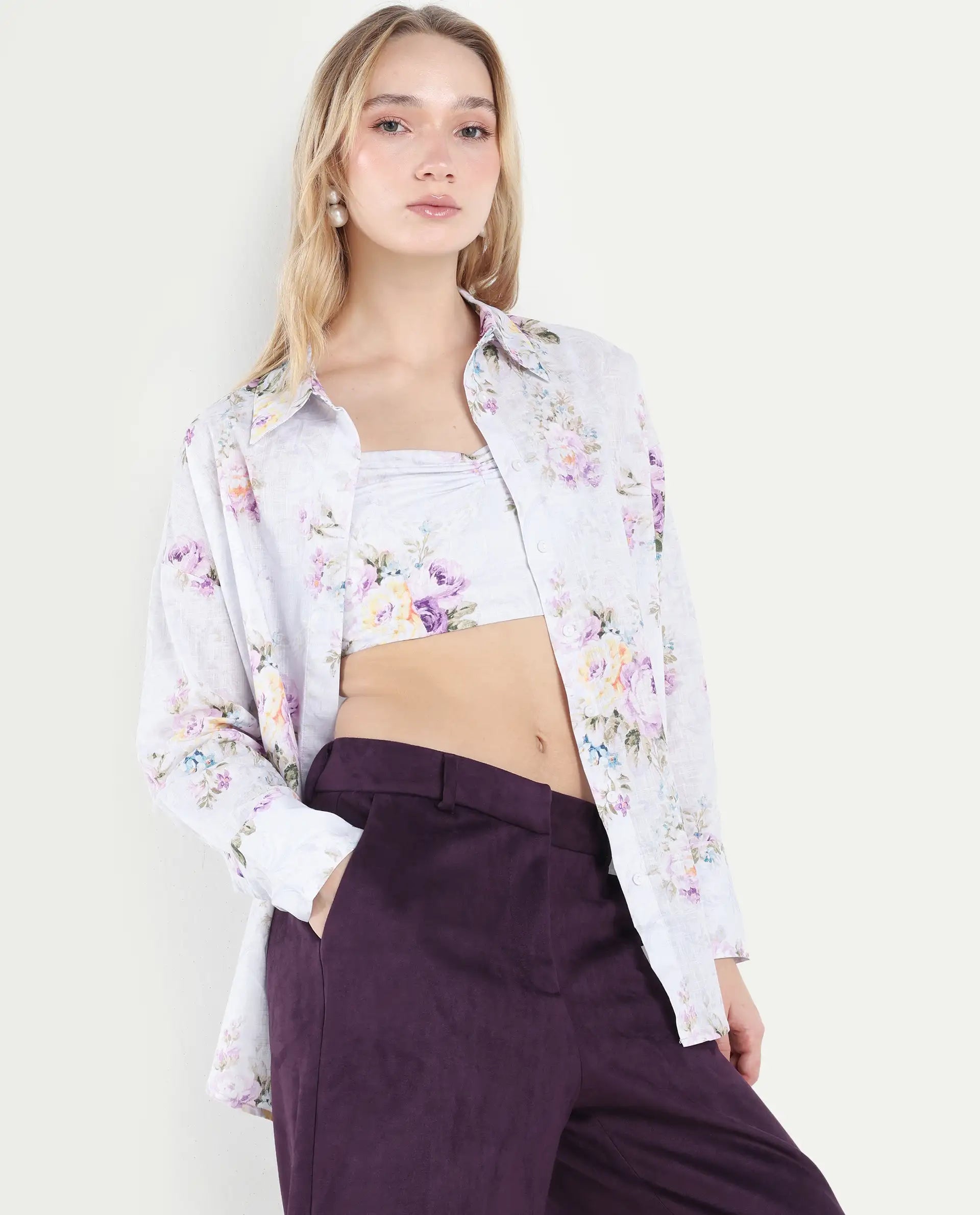 Rareism Women's Preguy Multi Cotton Spread Collar Floral Print Cuffed Sleeve Regular Fit Shirt