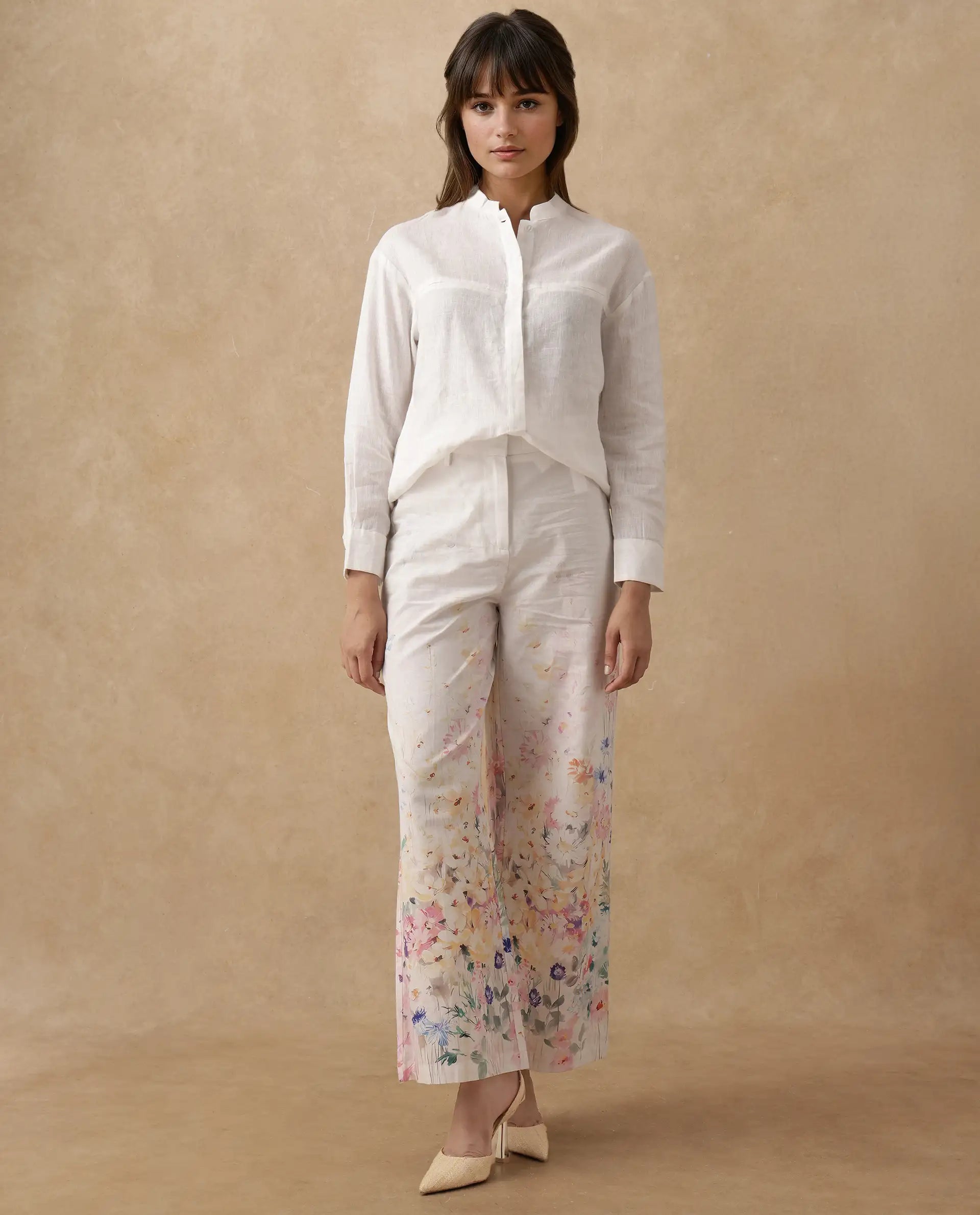 Rareism Women's Prejino White Cotton Floral Print Ankle Length Straight Fit Trouser