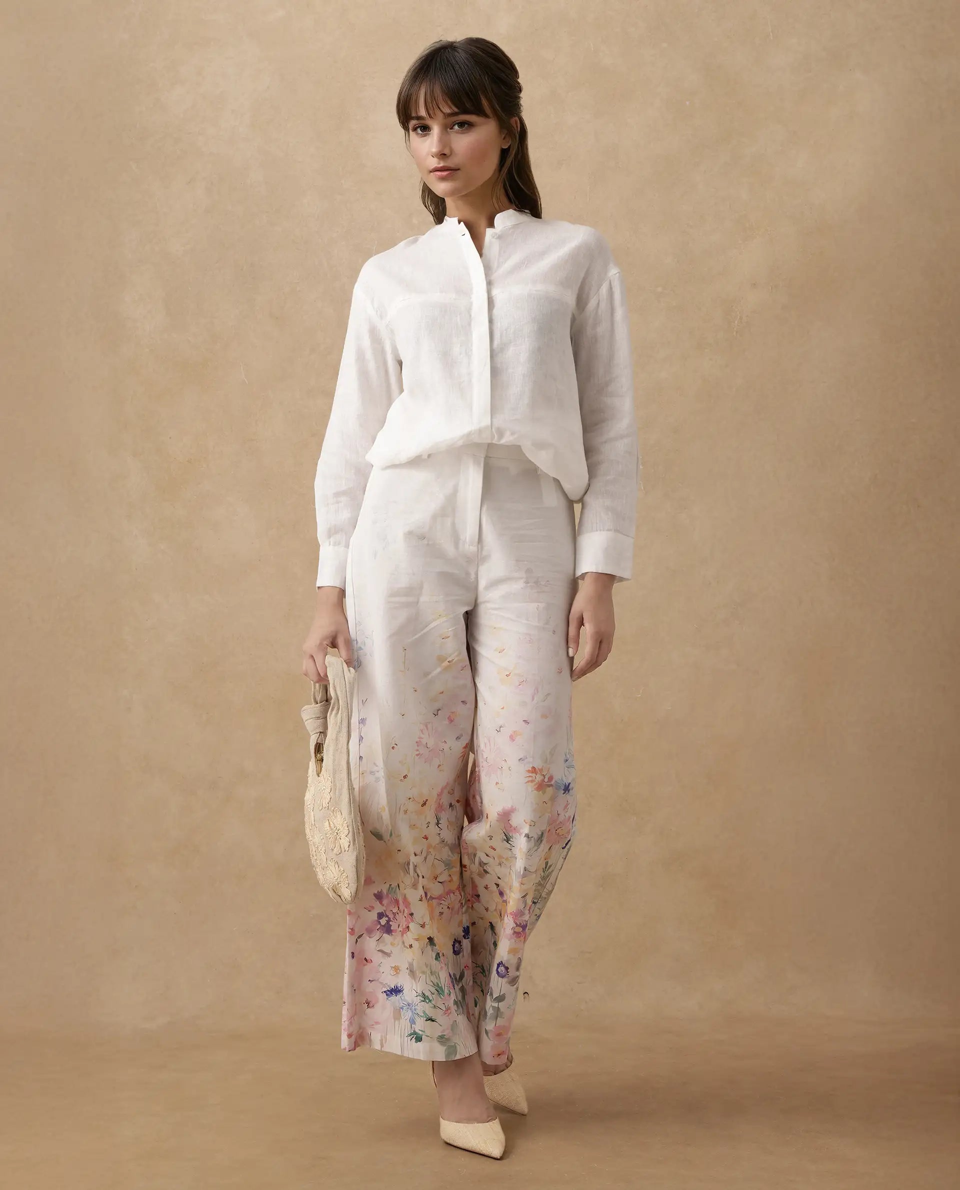 Rareism Women's Prejino White Cotton Floral Print Ankle Length Straight Fit Trouser