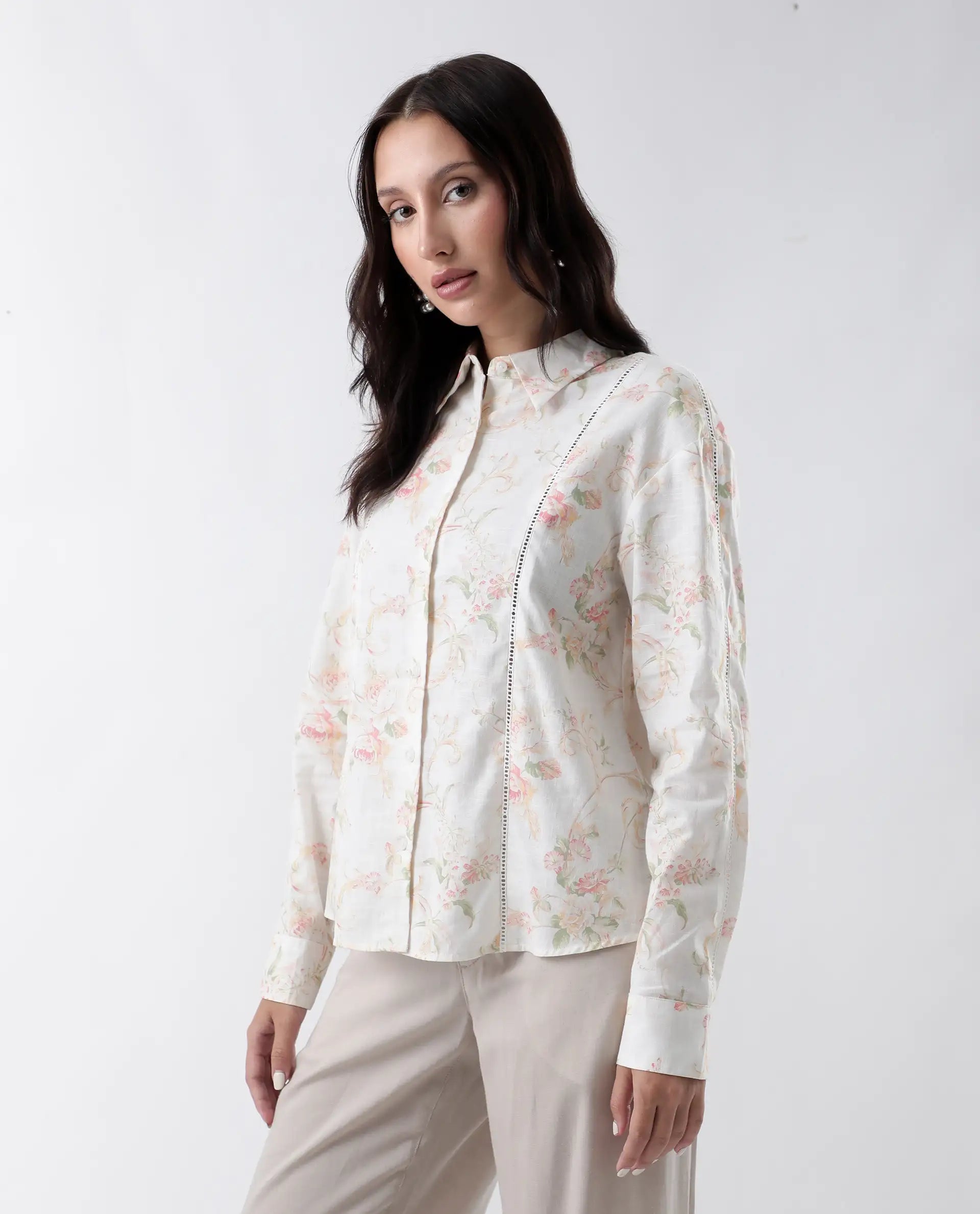 Rareism Women's Prejol Multi Cotton Spread Collar Floral Print Cuffed Sleeve Regular Fit Shirt