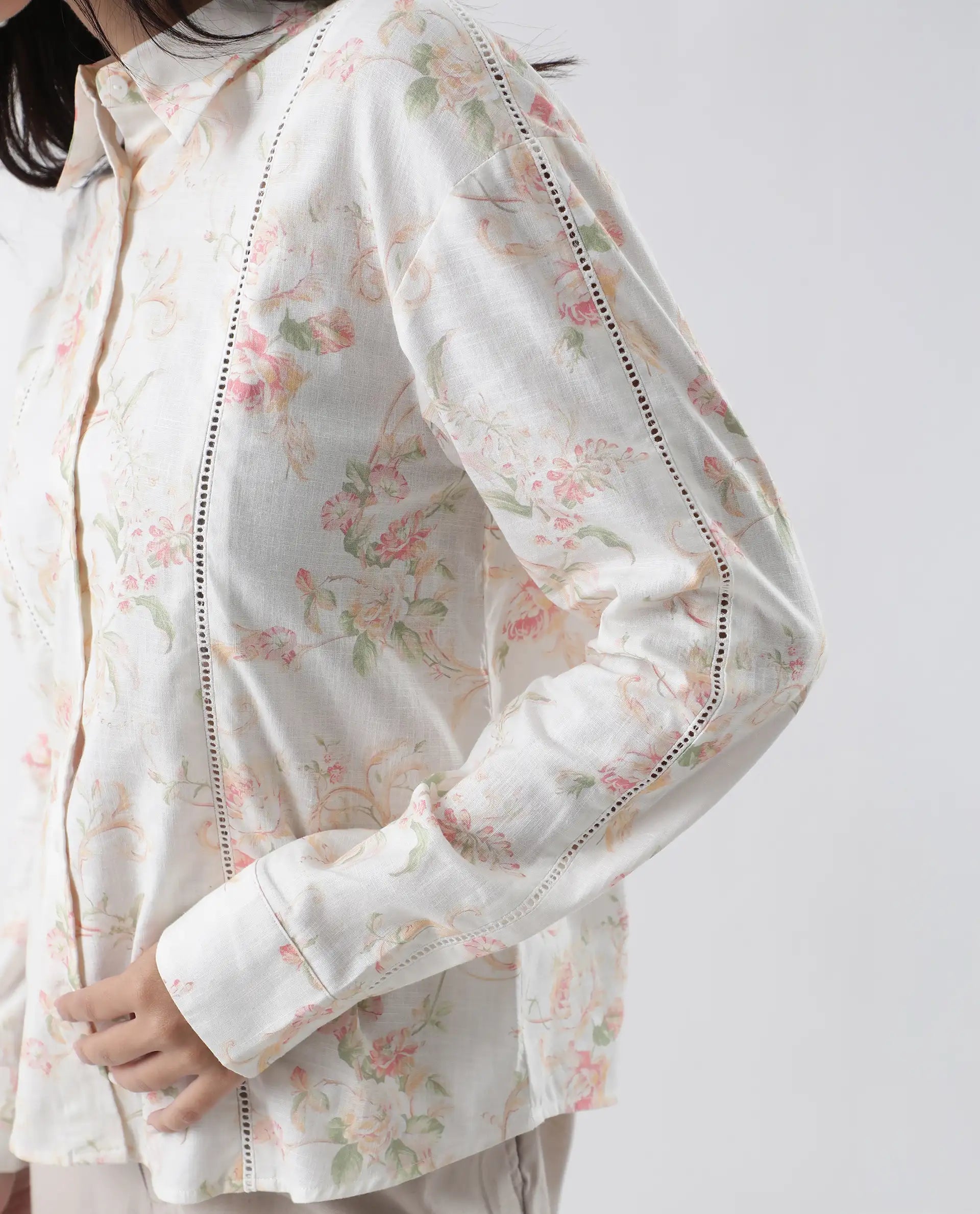 Rareism Women's Prejol Multi Cotton Spread Collar Floral Print Cuffed Sleeve Regular Fit Shirt