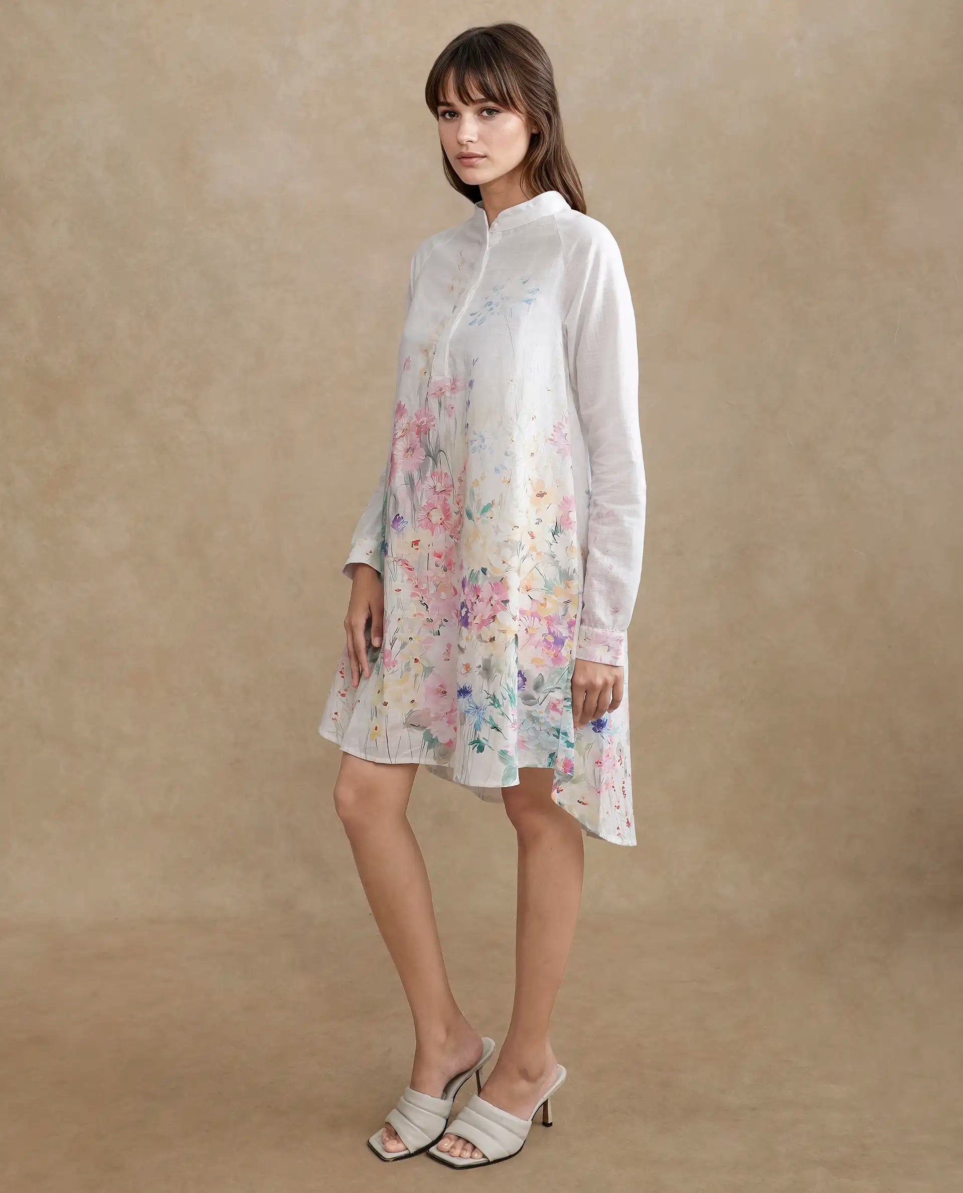 Rareism Women's Prekli Multi Cotton Mandarin Collar Floral Print Extended Sleeves Mini Flared Dress