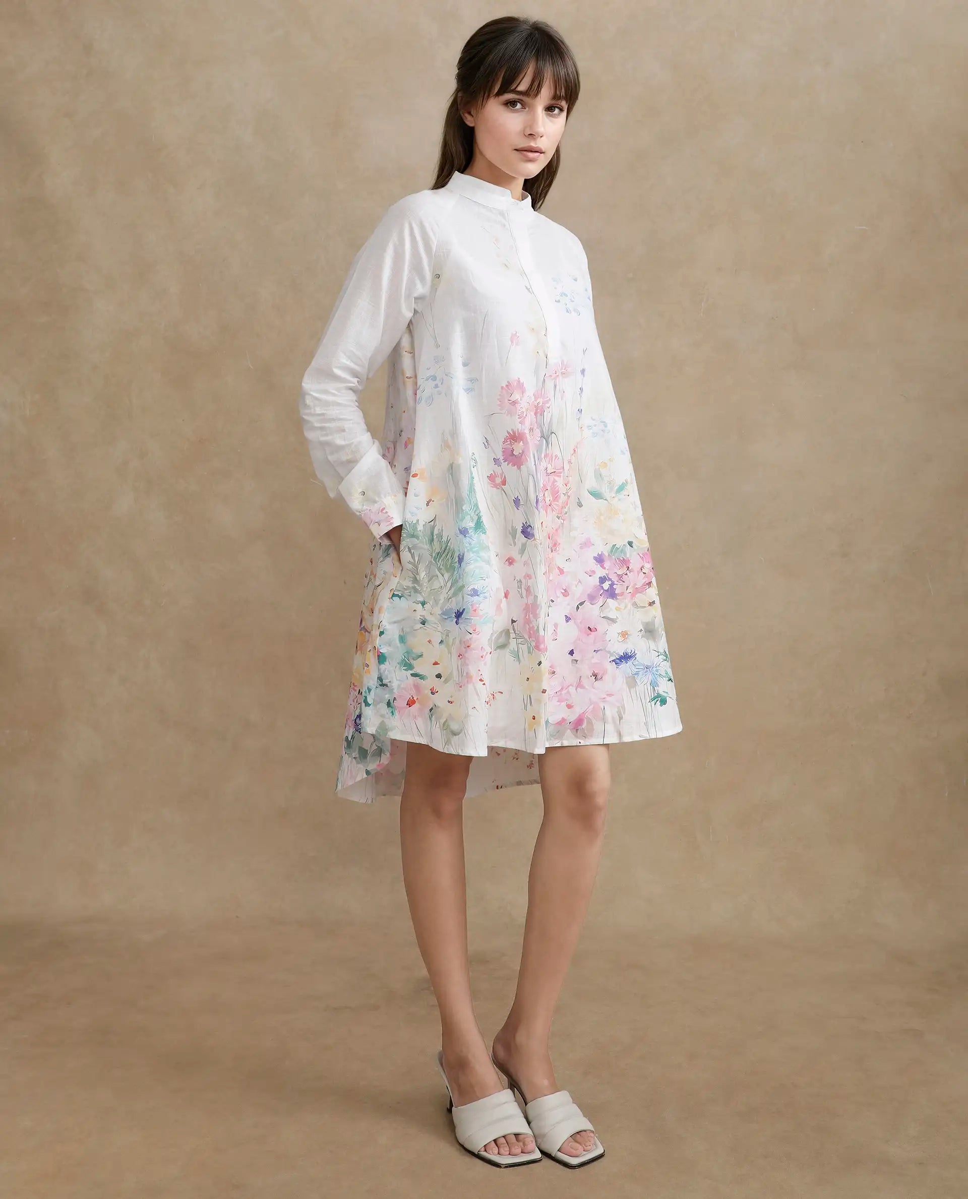 Rareism Women's Prekli Multi Cotton Mandarin Collar Floral Print Extended Sleeves Mini Flared Dress