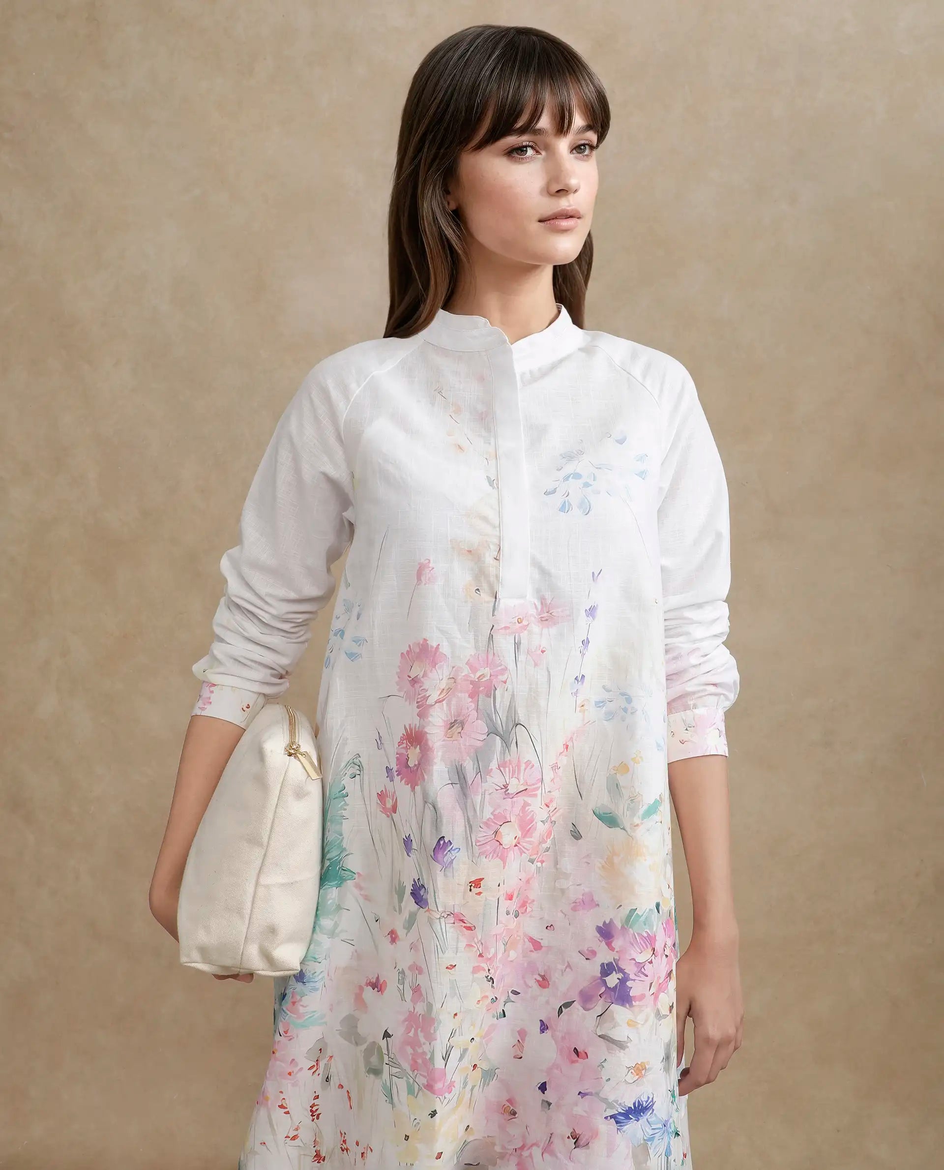 Rareism Women's Prekli Multi Cotton Mandarin Collar Floral Print Extended Sleeves Mini Flared Dress