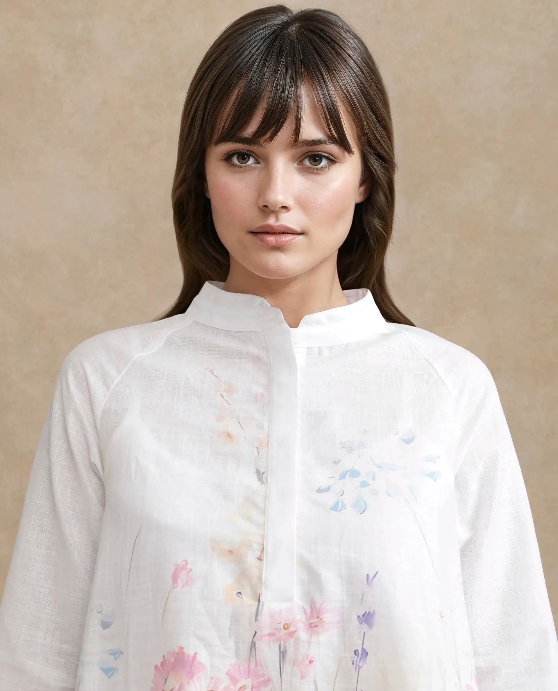 Rareism Women's Prekli Multi Cotton Mandarin Collar Floral Print Extended Sleeves Mini Flared Dress