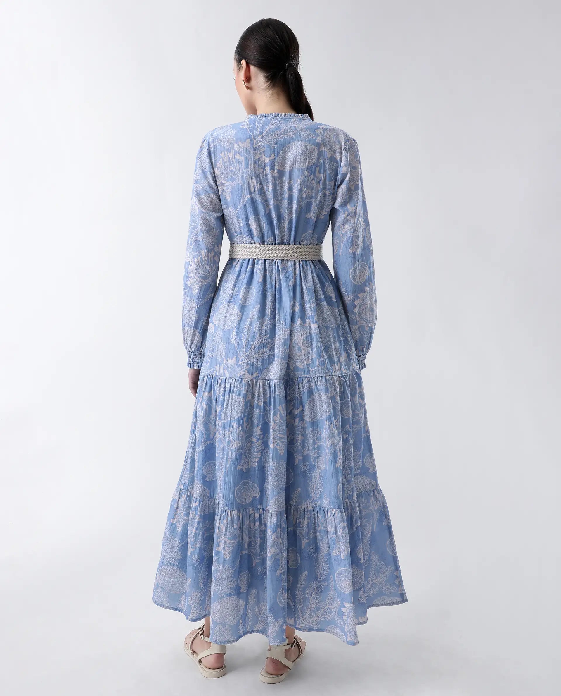 Rareism Women's Prek Purple Cotton Tie-Up Neck Abstract Print Maxi Tiered Dress