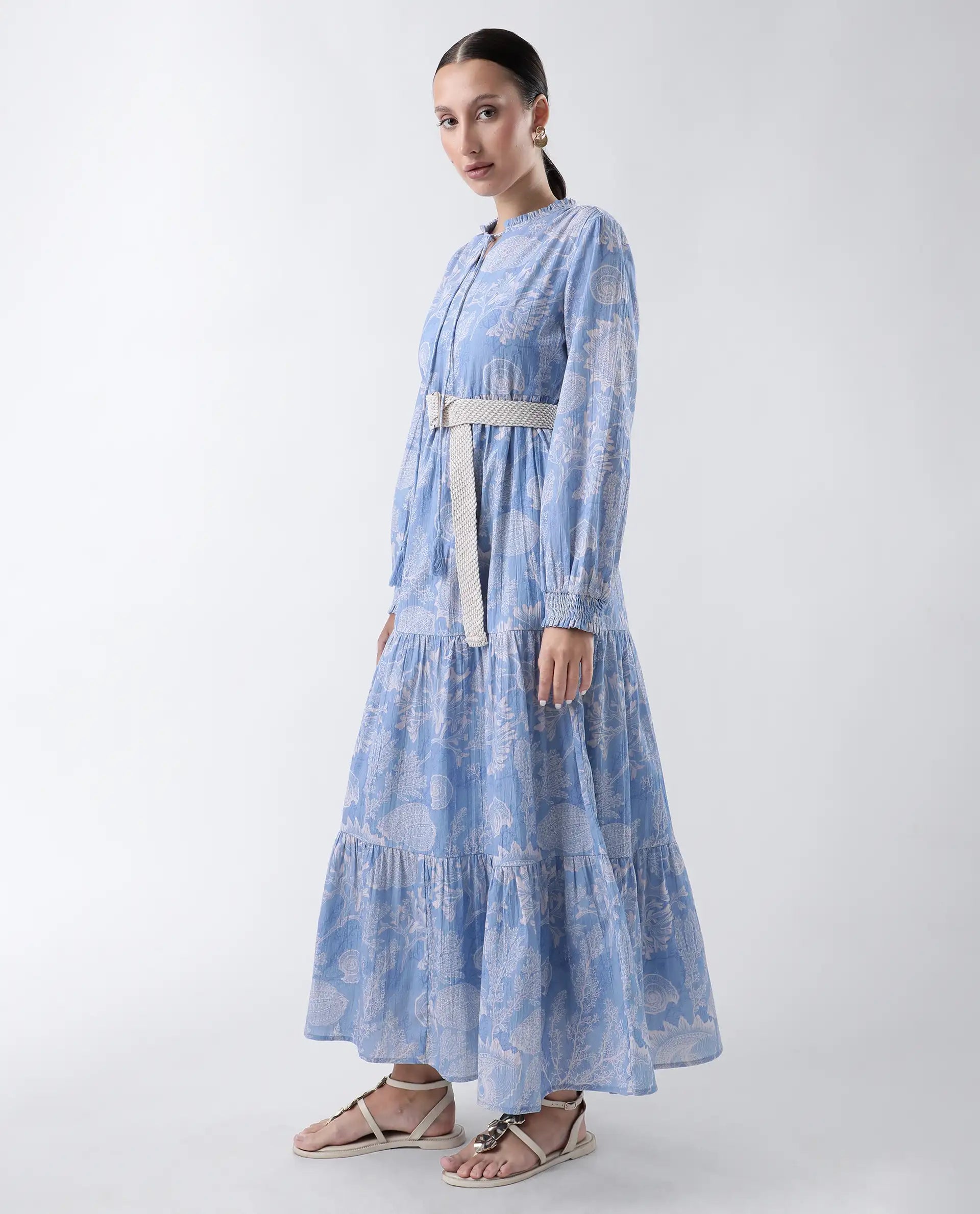 Rareism Women's Prek Purple Cotton Tie-Up Neck Abstract Print Maxi Tiered Dress