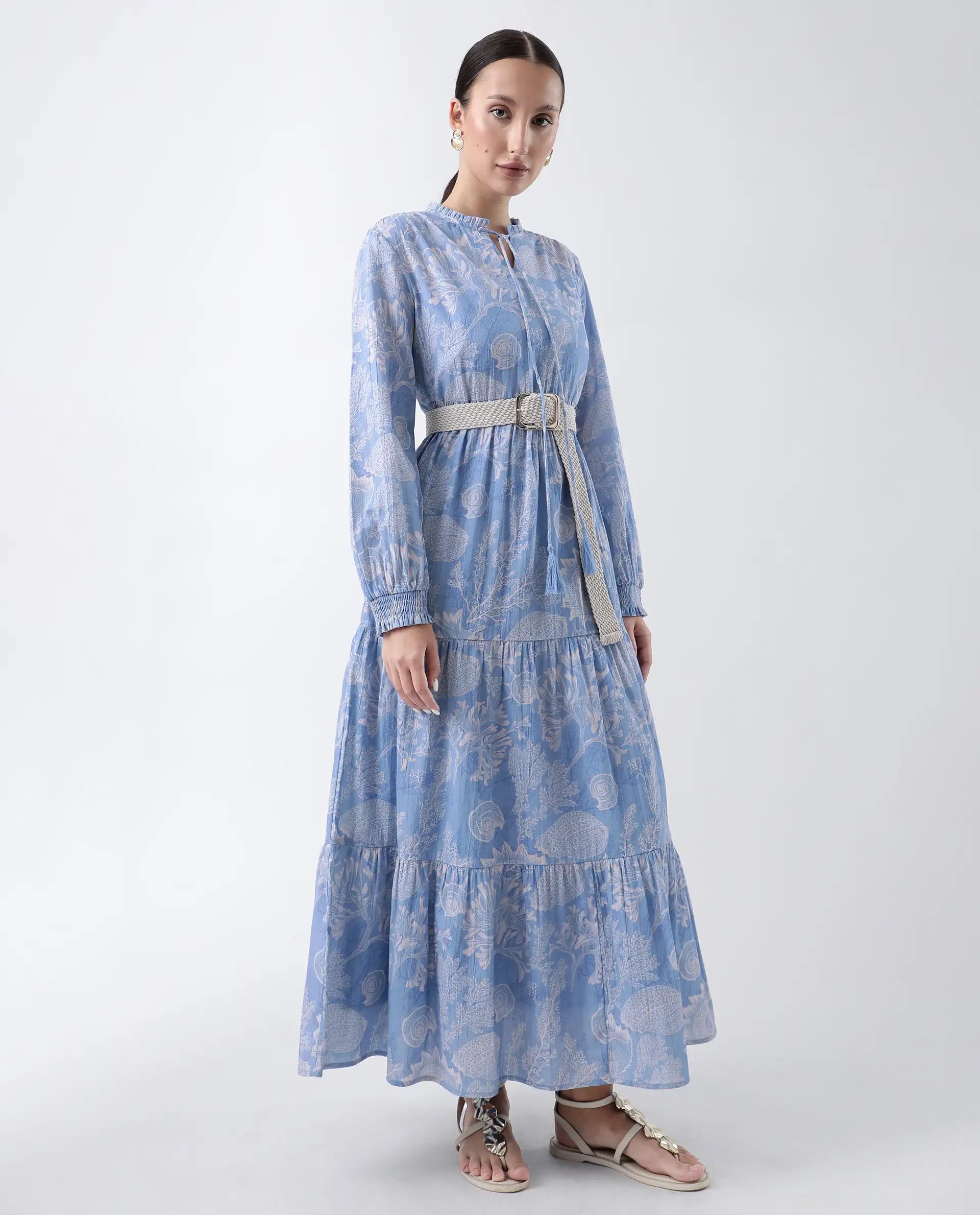 Rareism Women's Prek Purple Cotton Tie-Up Neck Abstract Print Maxi Tiered Dress