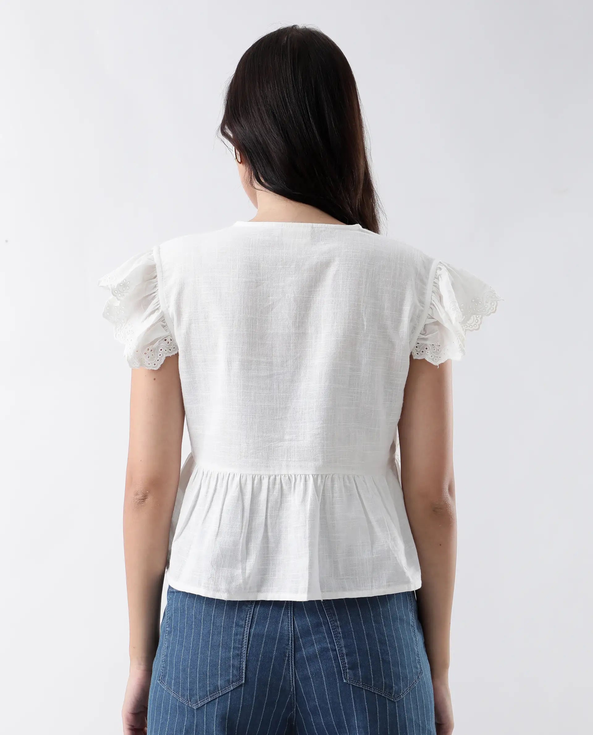 Rareism Women's Preler White Cotton V-Neck Plain Ruffled Sleeve Regular Fit Top