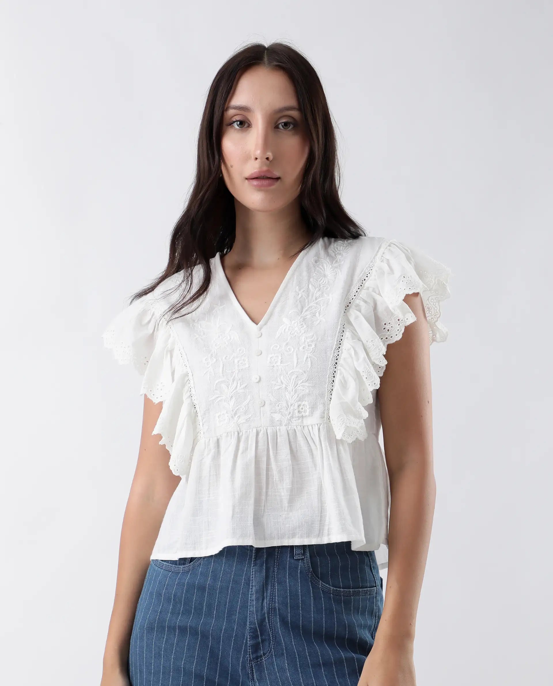 Rareism Women's Preler White Cotton V-Neck Plain Ruffled Sleeve Regular Fit Top