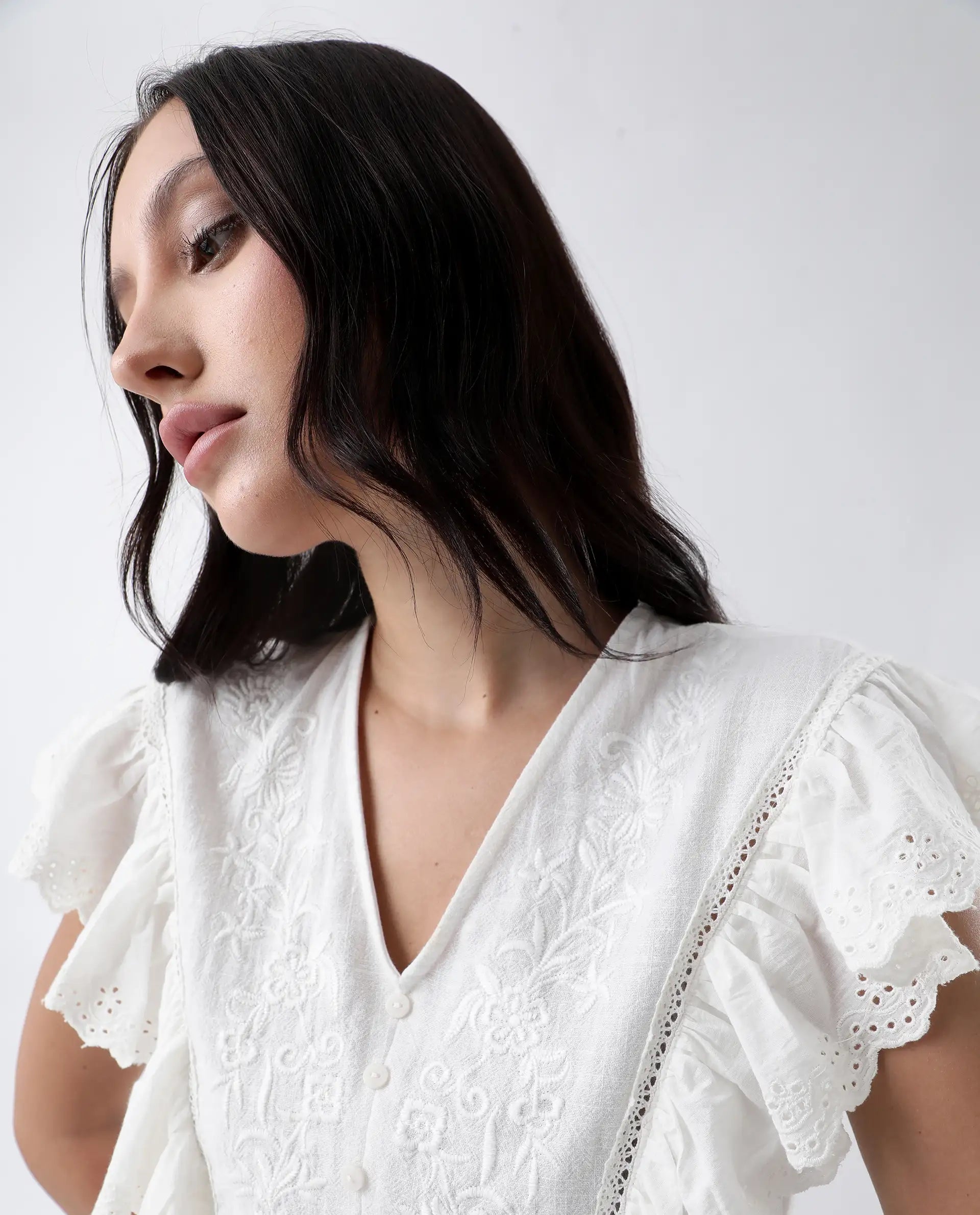 Rareism Women's Preler White Cotton V-Neck Plain Ruffled Sleeve Regular Fit Top