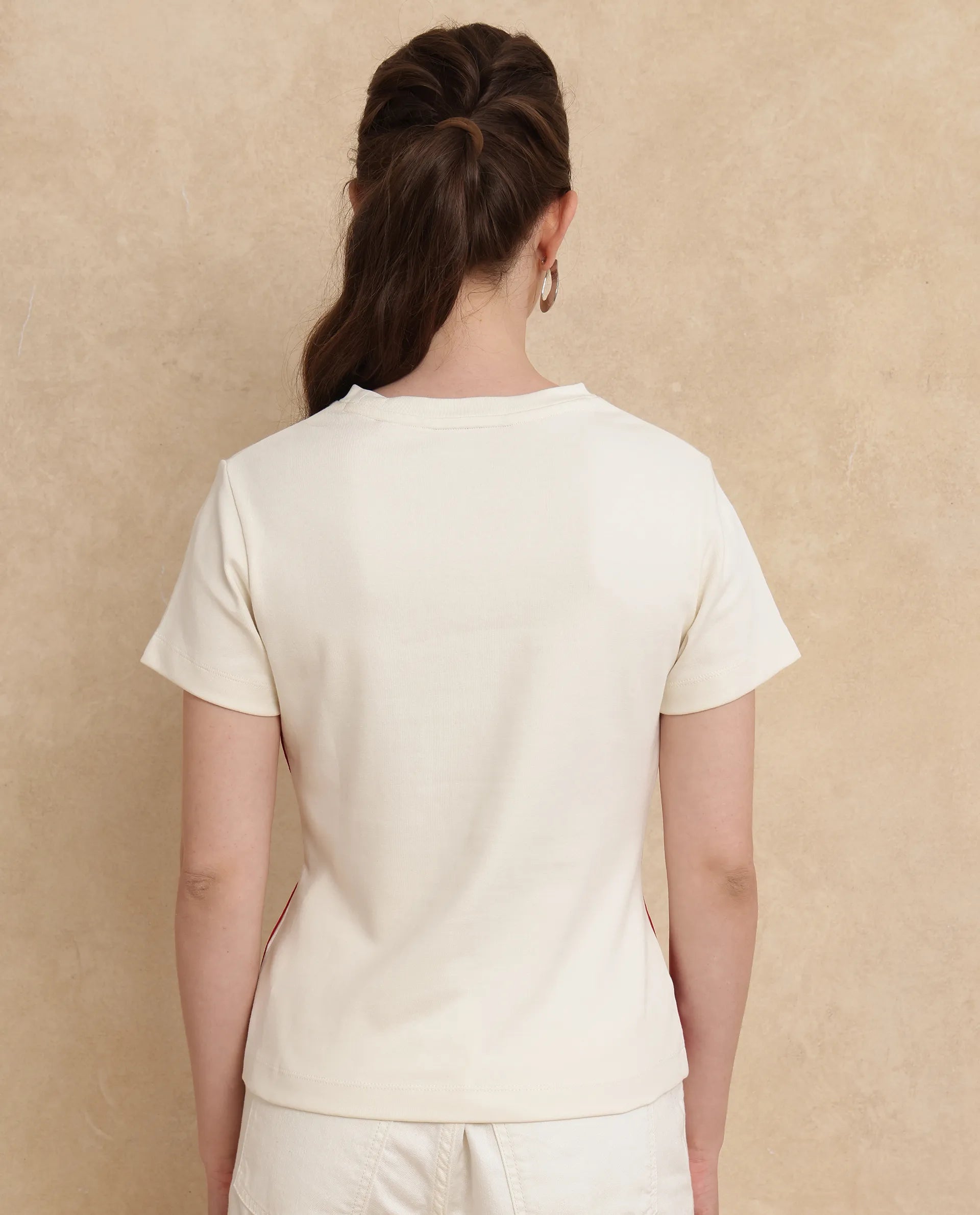 Rareism Women Prel White Cotton Fabric Short Sleeve Slim Fit Plain T-Shirt