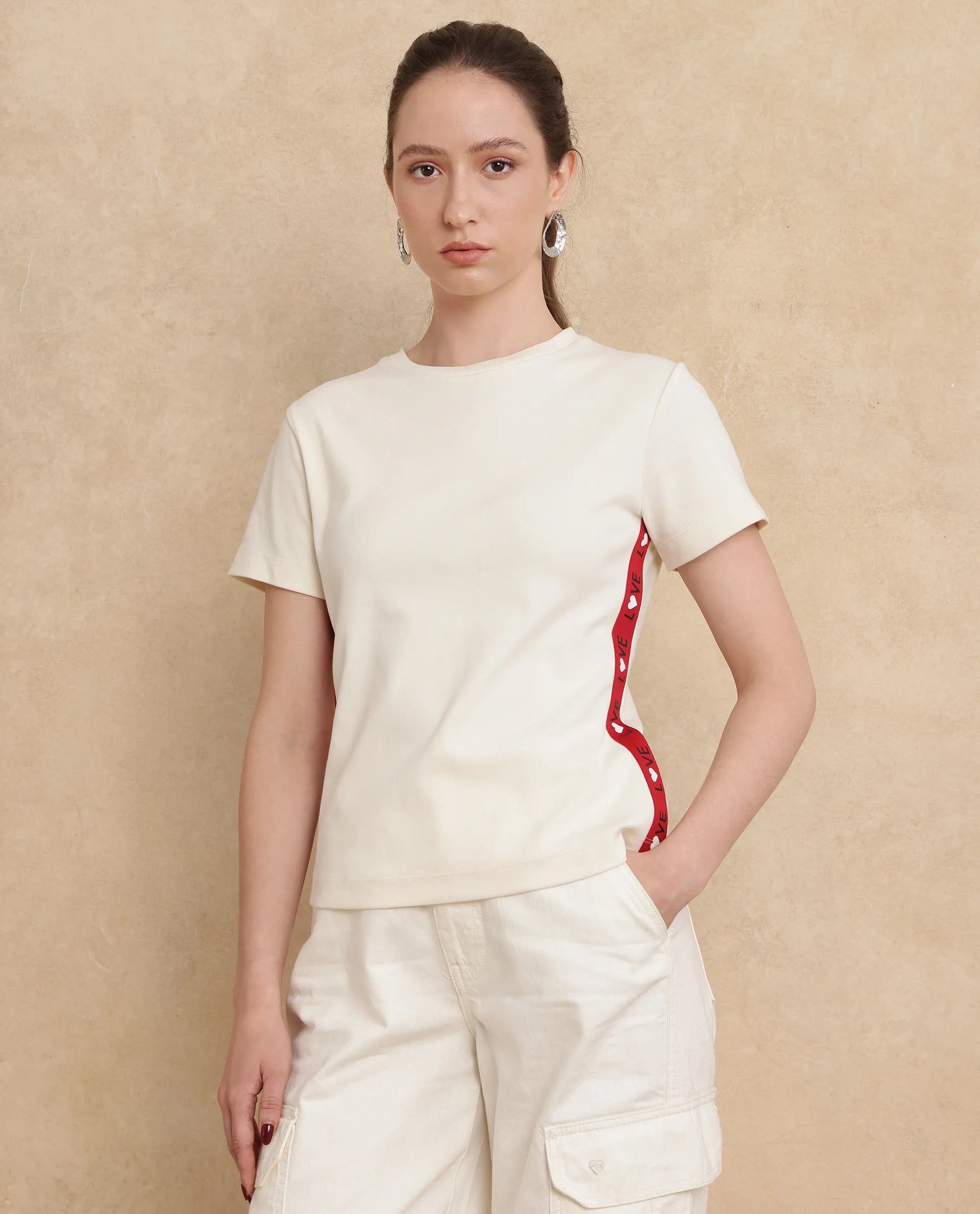 Rareism Women Prel White Cotton Fabric Short Sleeve Slim Fit Plain T-Shirt