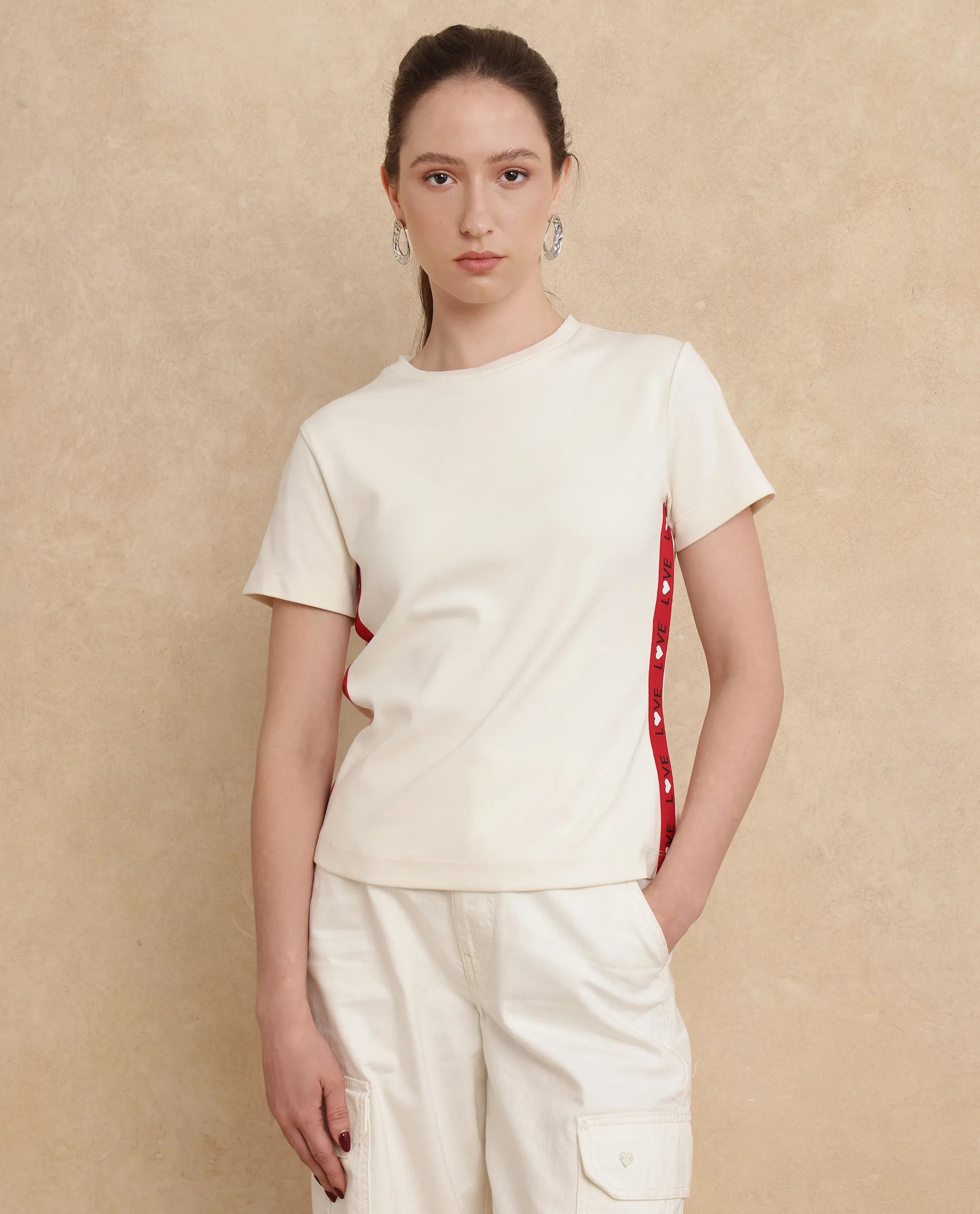 Rareism Women Prel White Cotton Fabric Short Sleeve Slim Fit Plain T-Shirt